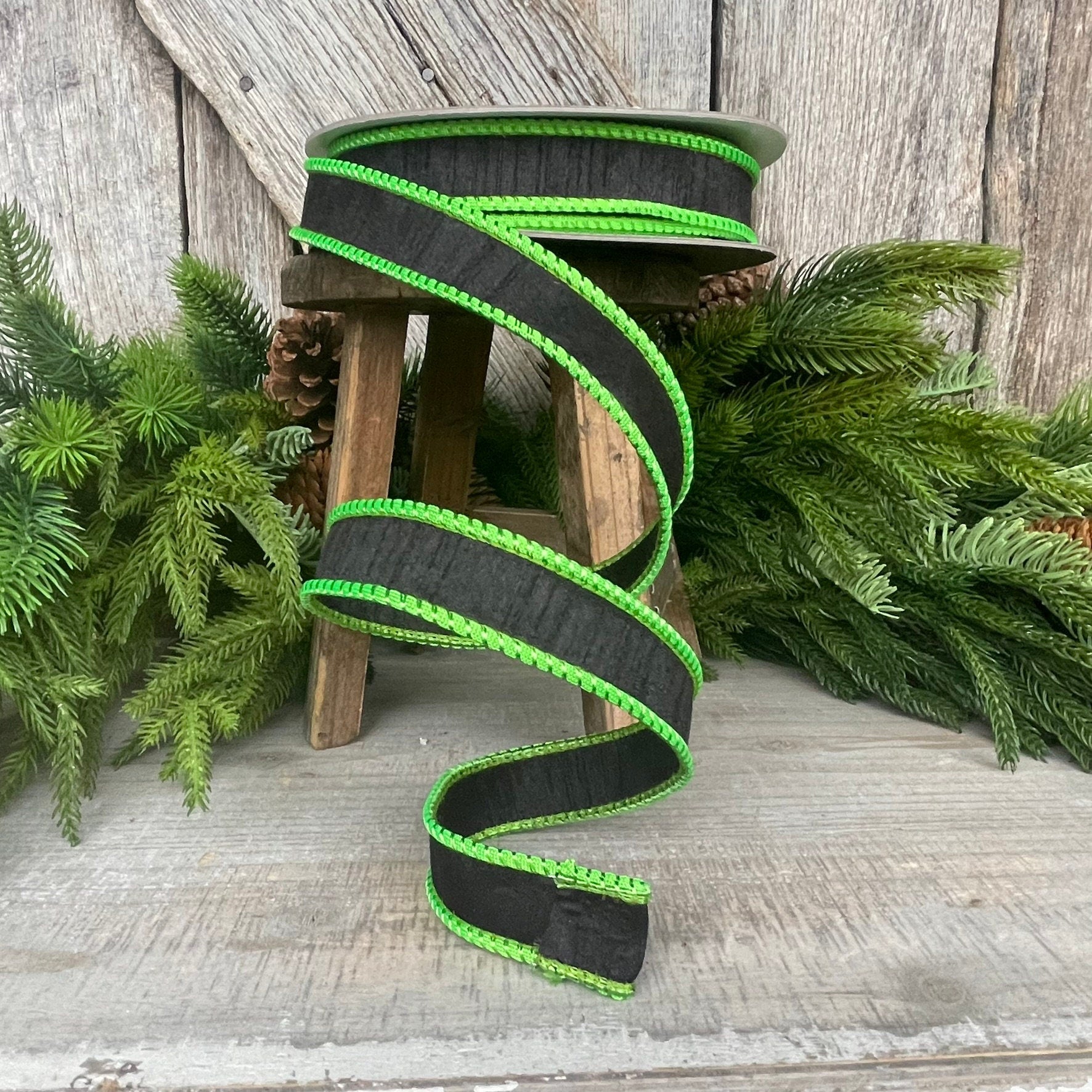 1" Black Lime Green Corded Ribbon, Farrisilk Ribbon, Wired Ribbon