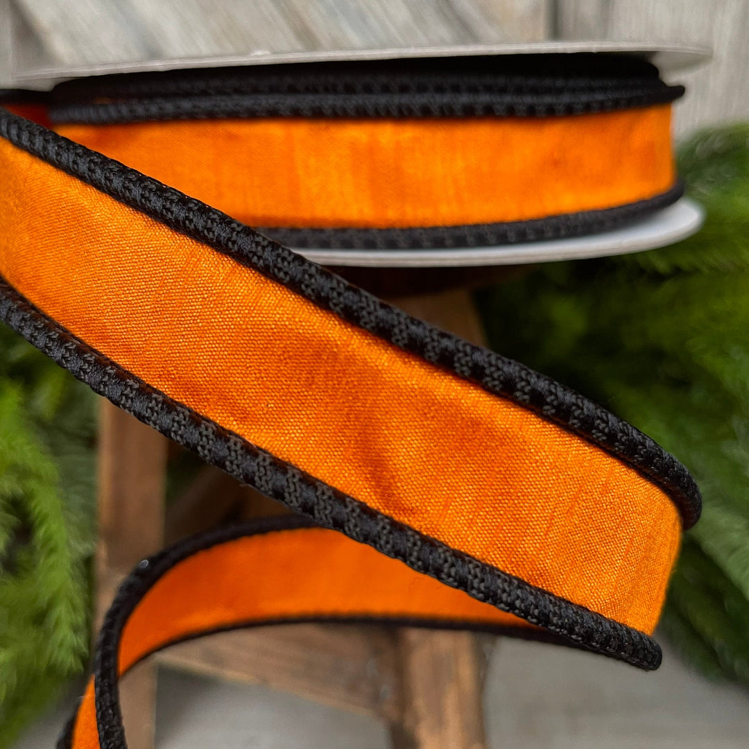 1" Black Orange Corded Ribbon, Farrisilk Ribbon, Wired Ribbon