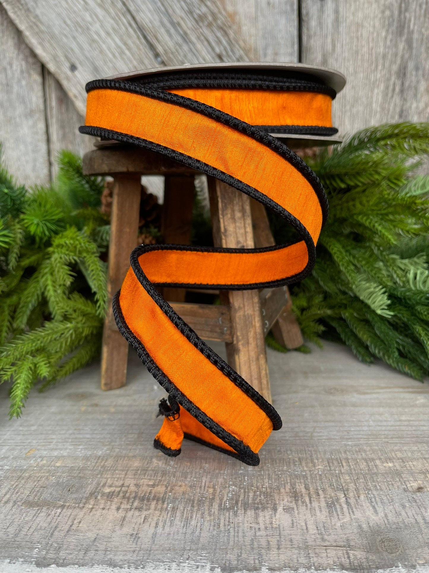 1" Black Orange Corded Ribbon, Farrisilk Ribbon, Wired Ribbon
