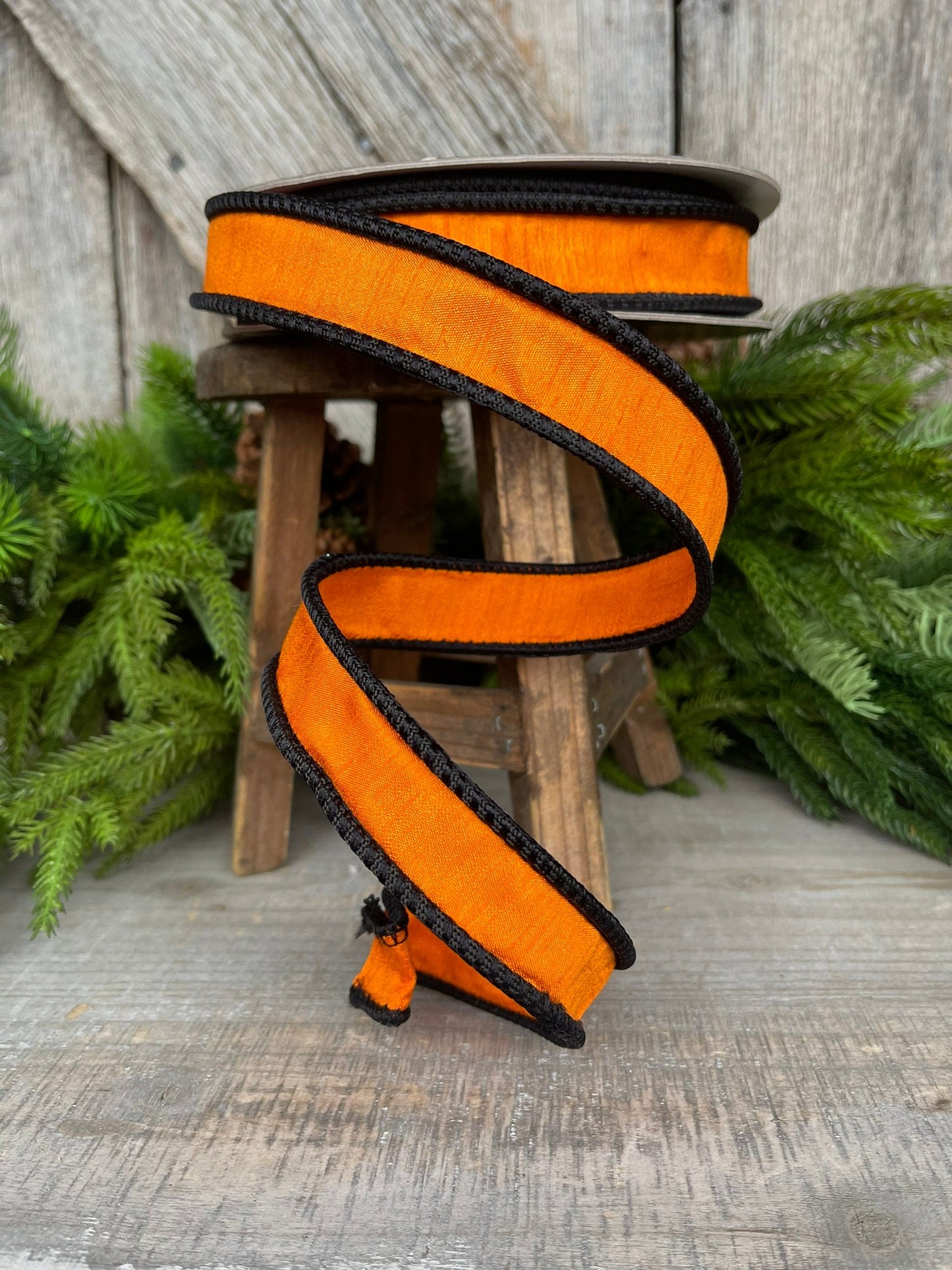 1" Black Orange Corded Ribbon, Farrisilk Ribbon, Wired Ribbon