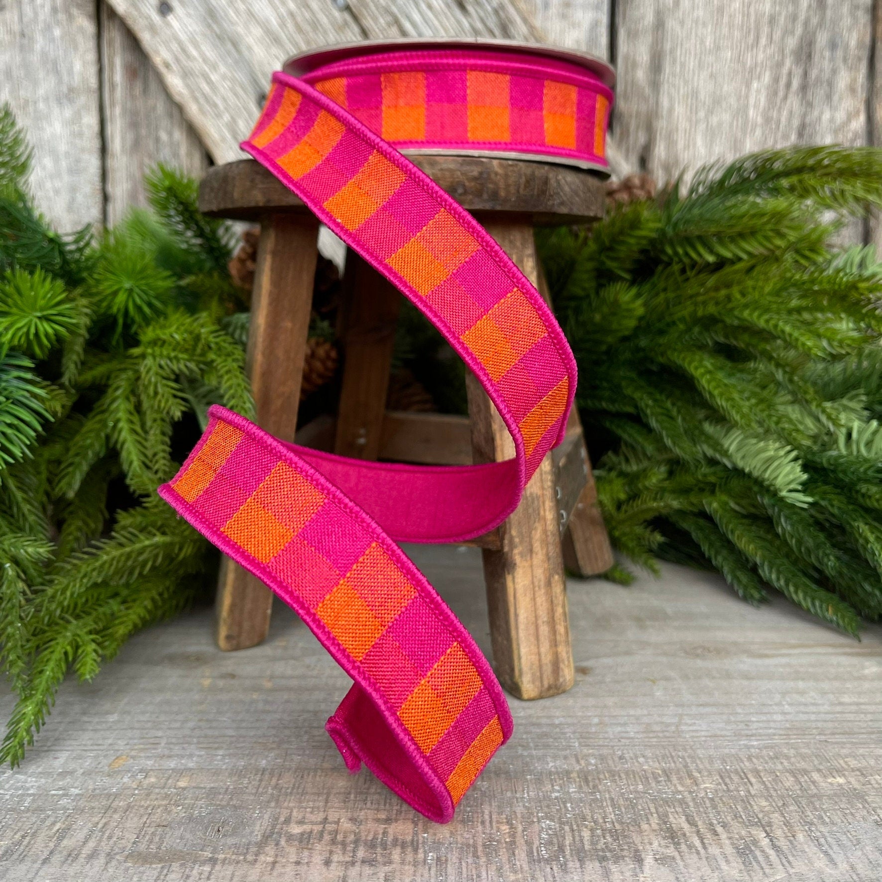 1" Hot Pink Orange Checks Stitchery Ribbon, Farrisilk Ribbon, Spring Ribbon