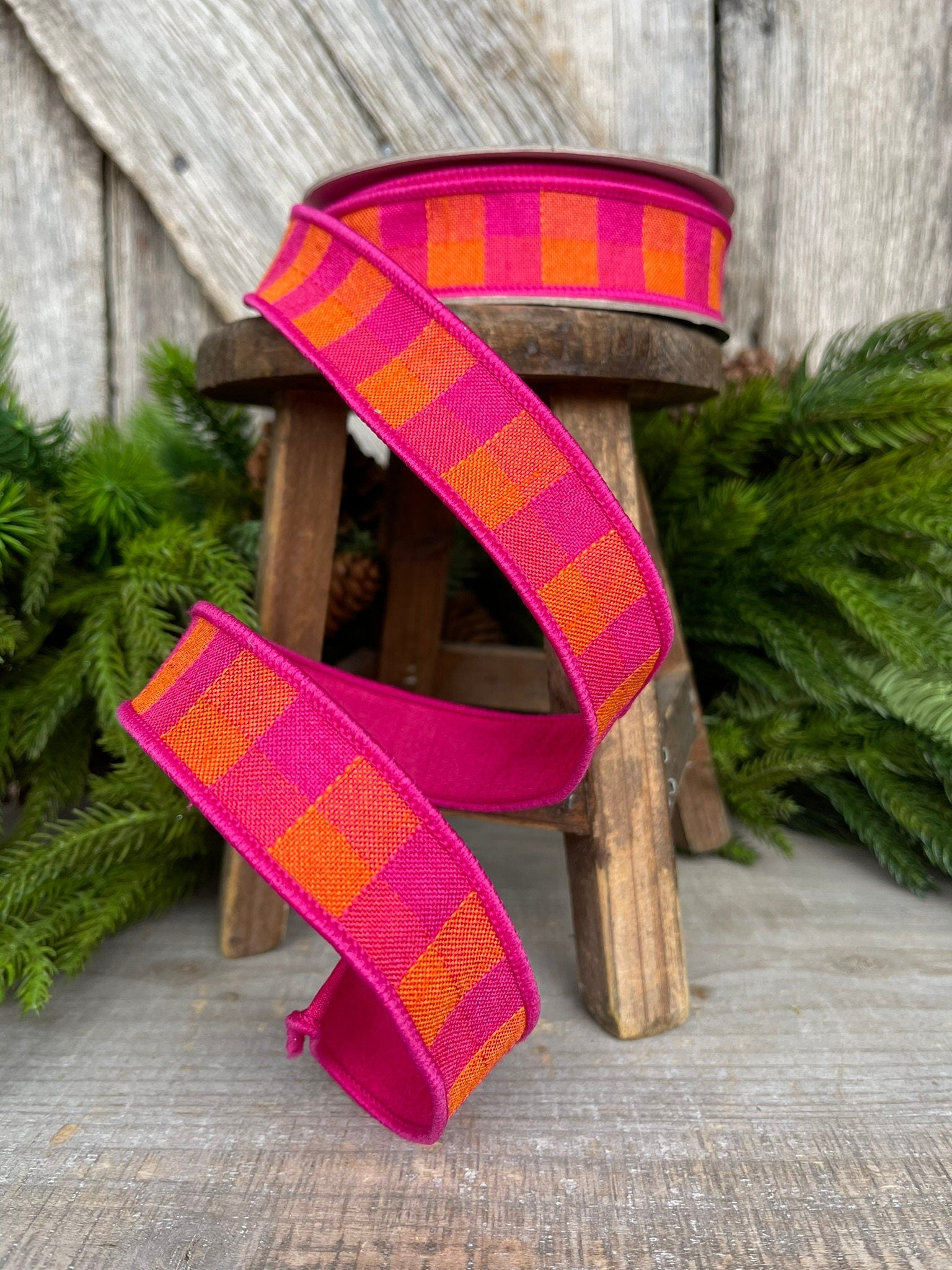 1" Hot Pink Orange Checks Stitchery Ribbon, Farrisilk Ribbon, Spring Ribbon