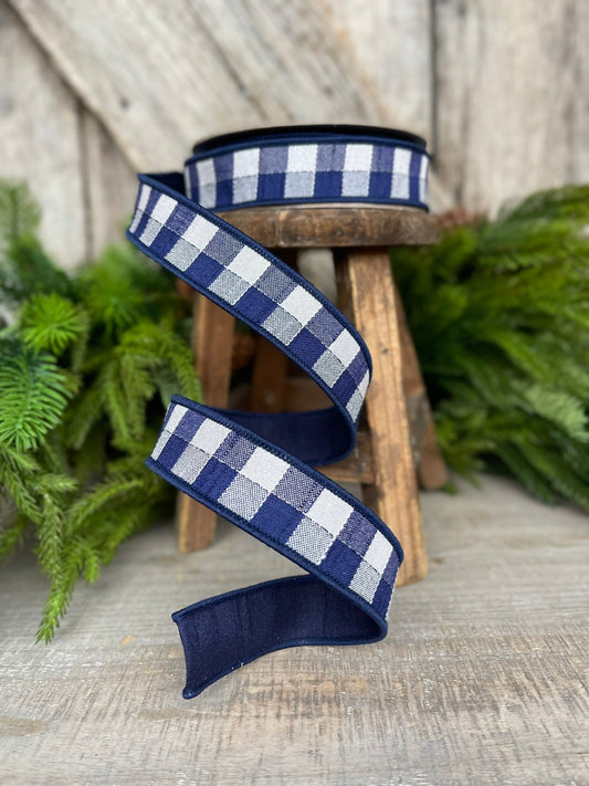 1" Navy Checks Stitchery Ribbon, Farrisilk Ribbon, Spring Ribbon