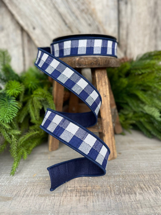 1" Navy Checks Stitchery Ribbon, Farrisilk Ribbon, Spring Ribbon