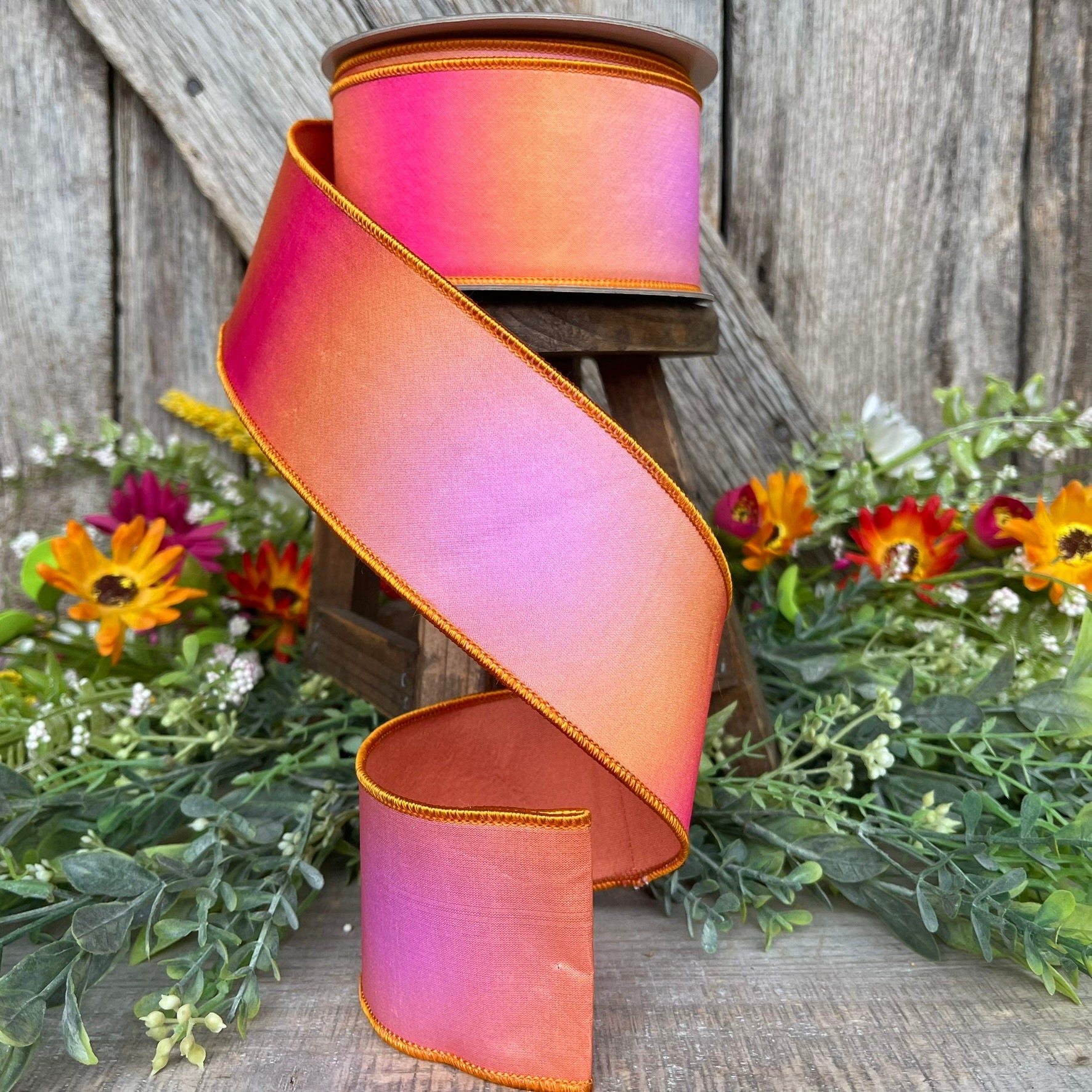 2.5" Pink Orange Prismatic Ribbon, Farrisilk RIbbon, Pink Wired RIbbon