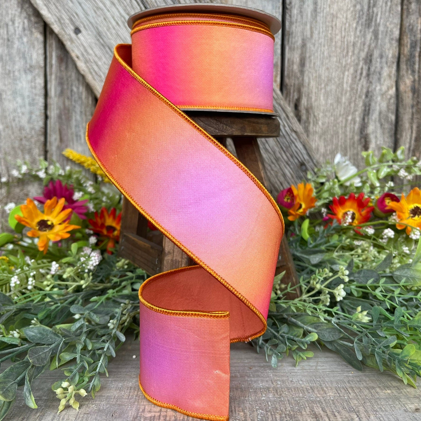 2.5" Pink Orange Prismatic Ribbon, Farrisilk RIbbon, Pink Wired RIbbon
