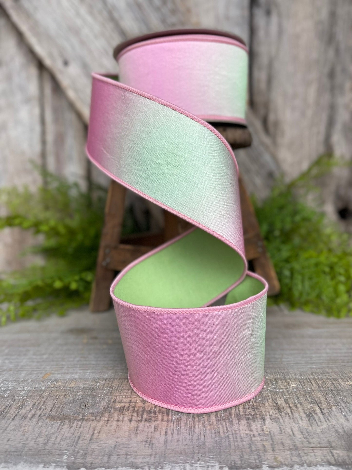 2.5" Pink Green Prismatic Ribbon, Farrisilk RIbbon, Pink Wired RIbbon