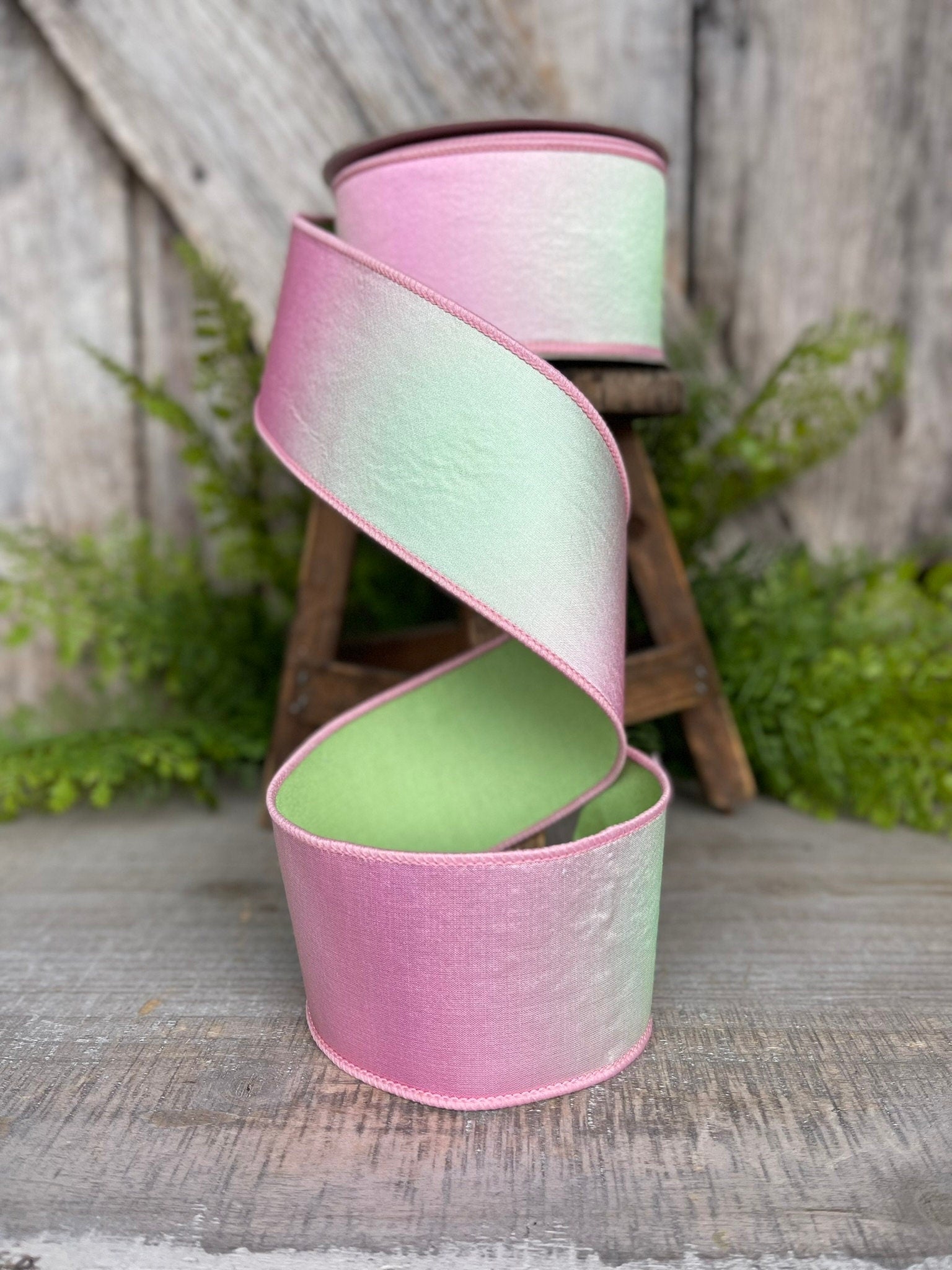 2.5" Pink Green Prismatic Ribbon, Farrisilk RIbbon, Pink Wired RIbbon