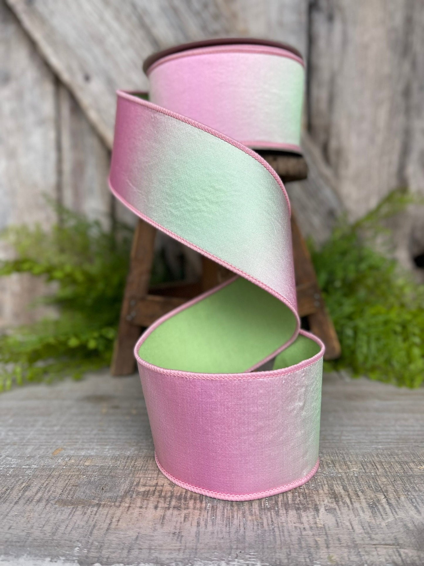 2.5" Pink Green Prismatic Ribbon, Farrisilk RIbbon, Pink Wired RIbbon