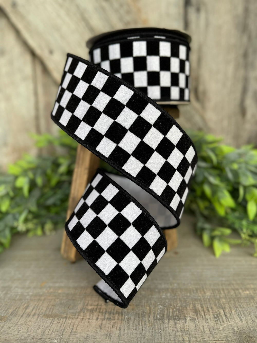 2.5" Black and White Retro Checks Ribbon, Farrisilk Ribbon, Flocked Ribbon,Halloween Ribbon