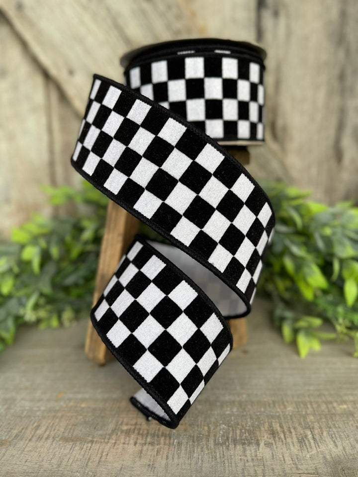 2.5" Black and White Retro Checks Ribbon, Farrisilk Ribbon, Flocked Ribbon,Halloween Ribbon