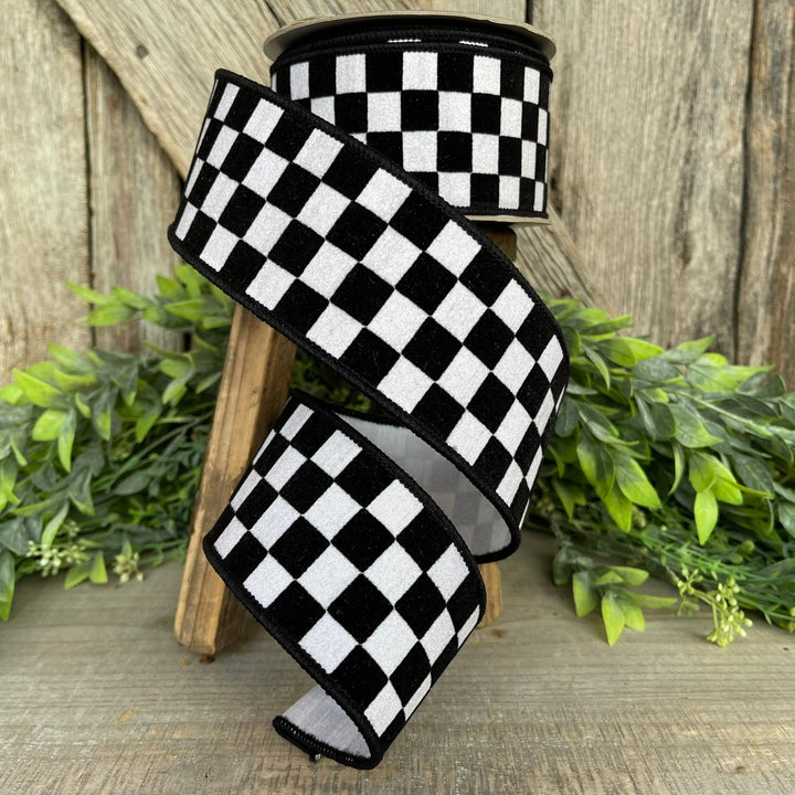 2.5" Black and White Retro Checks Ribbon, Farrisilk Ribbon, Flocked Ribbon,Halloween Ribbon