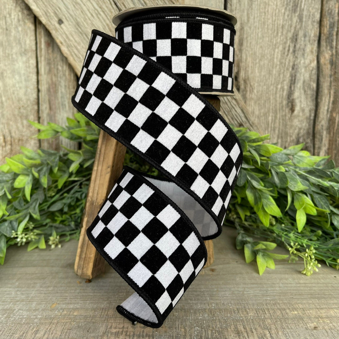 2.5" Black and White Retro Checks Ribbon, Farrisilk Ribbon, Flocked Ribbon,Halloween Ribbon