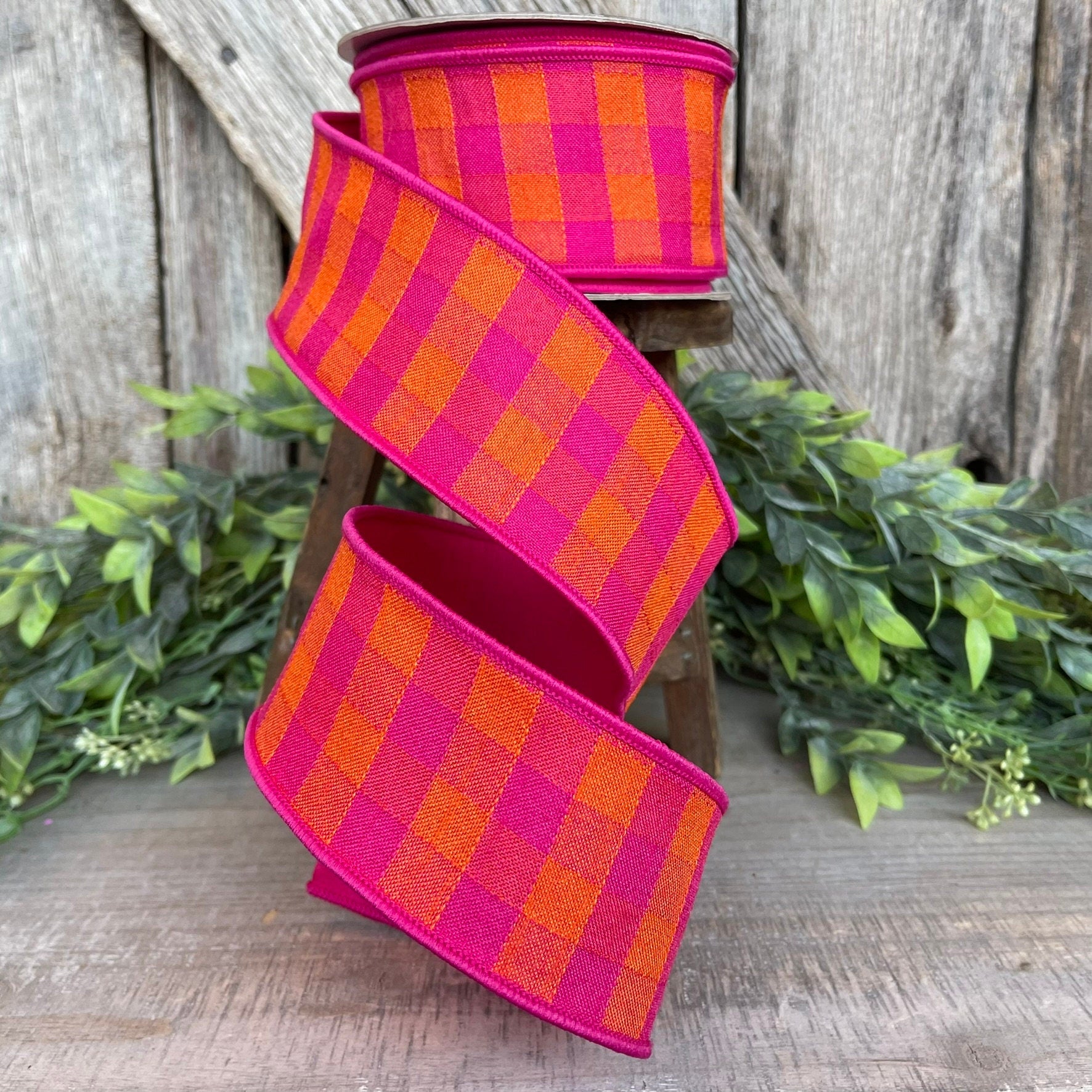 2.5" Hot Pink Orange Checks Stitchery Ribbon, Farrisilk Ribbon, Spring Ribbon