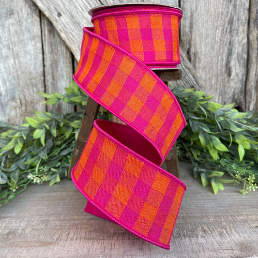 2.5" Hot Pink Orange Checks Stitchery Ribbon, Farrisilk Ribbon, Spring Ribbon