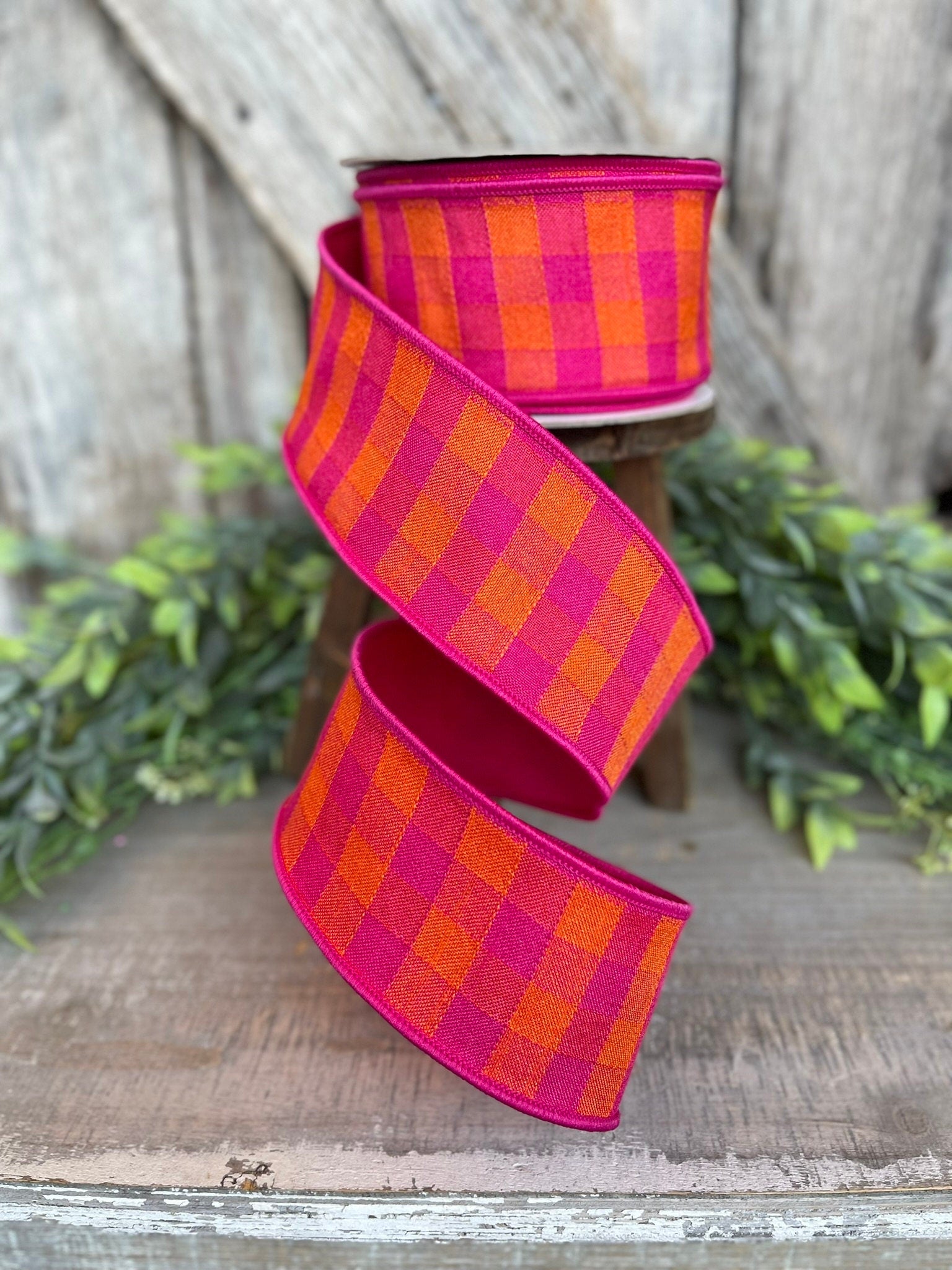 2.5" Hot Pink Orange Checks Stitchery Ribbon, Farrisilk Ribbon, Spring Ribbon