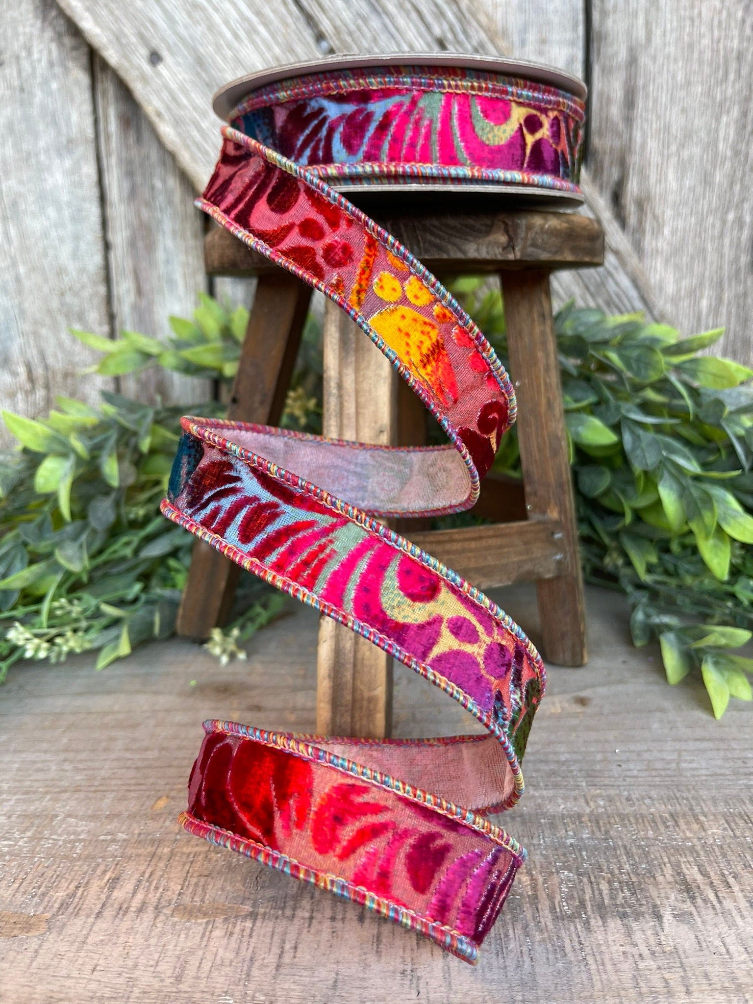 1" Rainbow Velvet Floral Ribbon, Farrisilk Ribbon, Far Out Floral