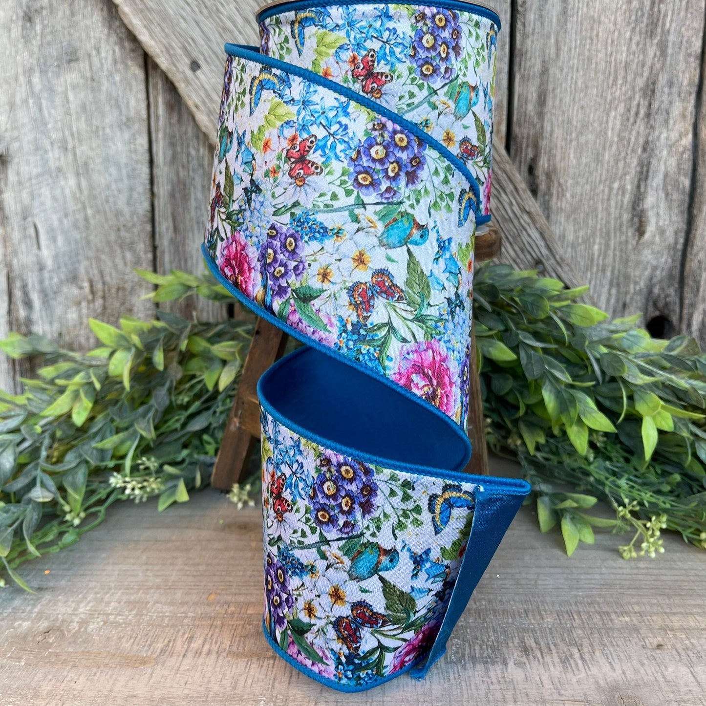 4" Blue Floral Garden Ribbon, Farrisilk Ribbon, Spring Ribbon