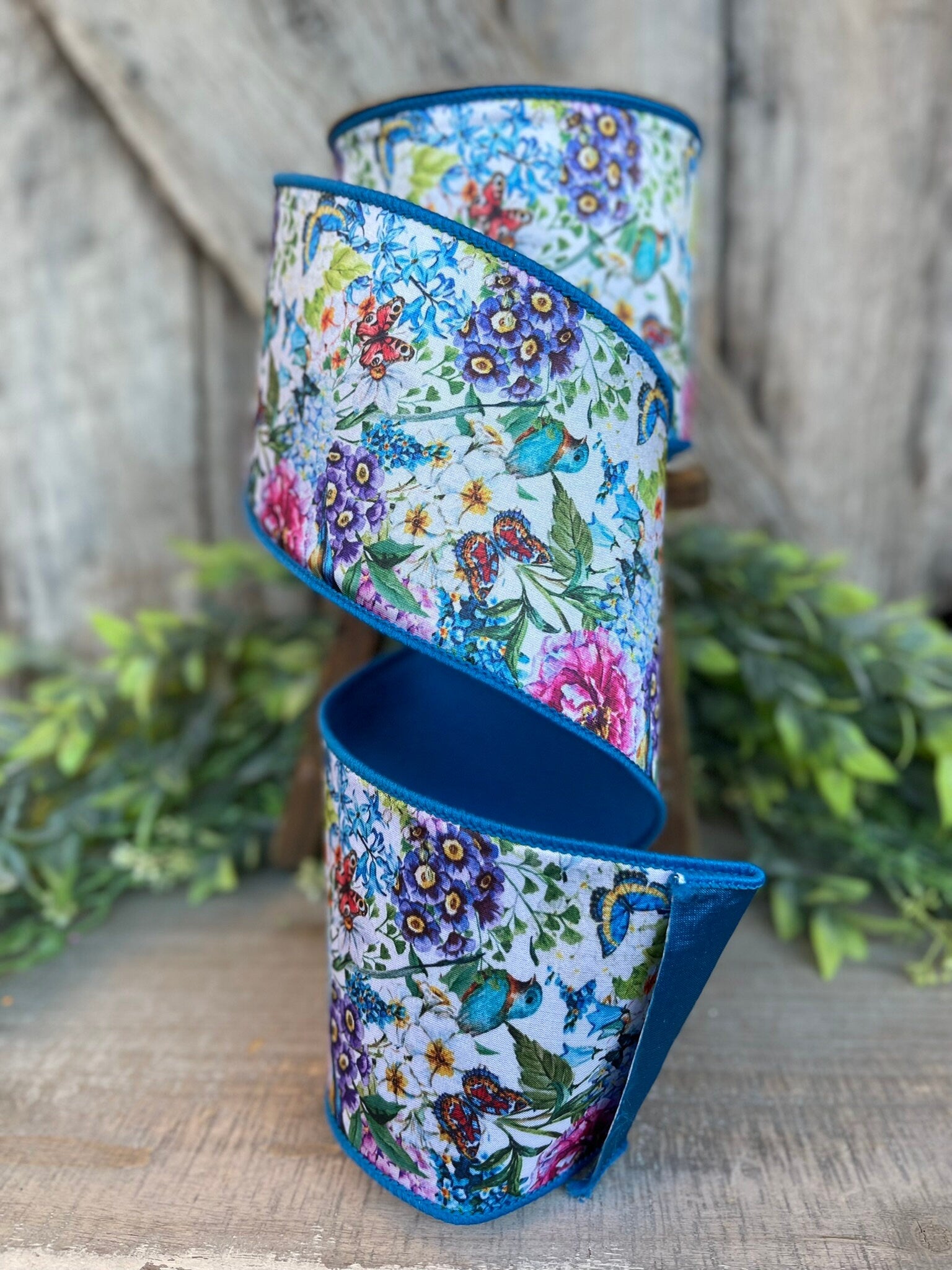 4" Blue Floral Garden Ribbon, Farrisilk Ribbon, Spring Ribbon