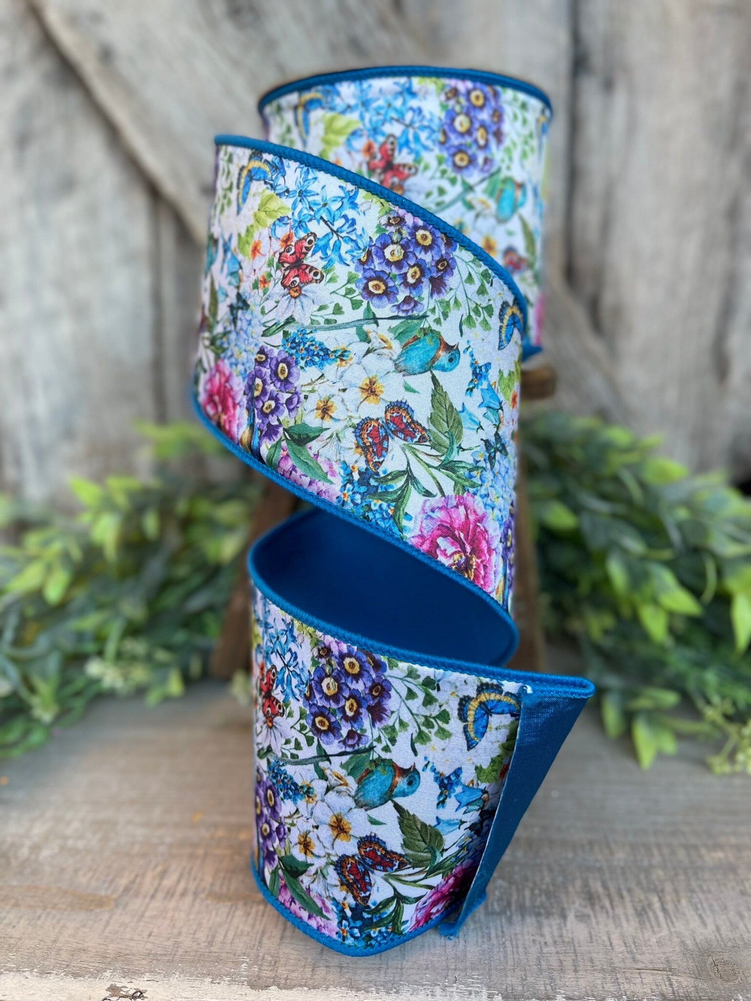4" Blue Floral Garden Ribbon, Farrisilk Ribbon, Spring Ribbon