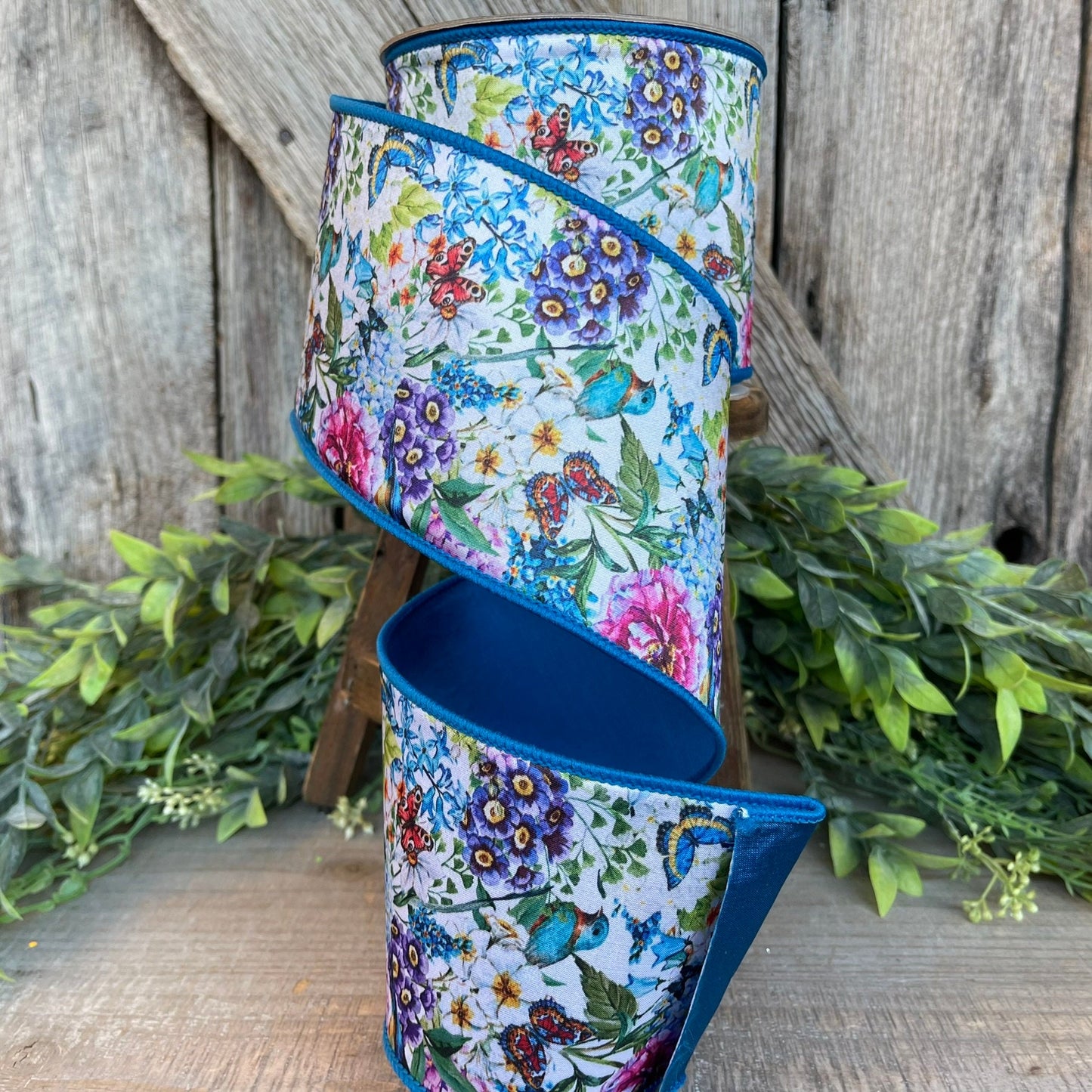 4" Blue Floral Garden Ribbon, Farrisilk Ribbon, Spring Ribbon