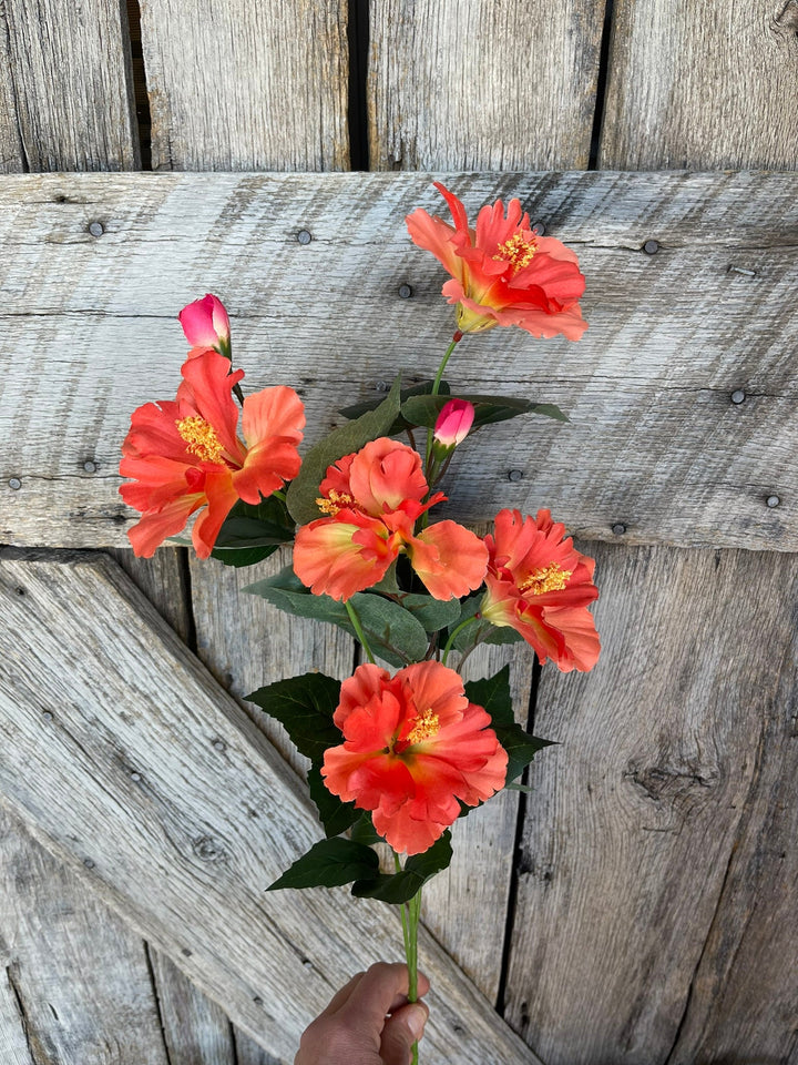 28" Orange Hibiscus Stem, Artificial Stem, Hibiscus Spray