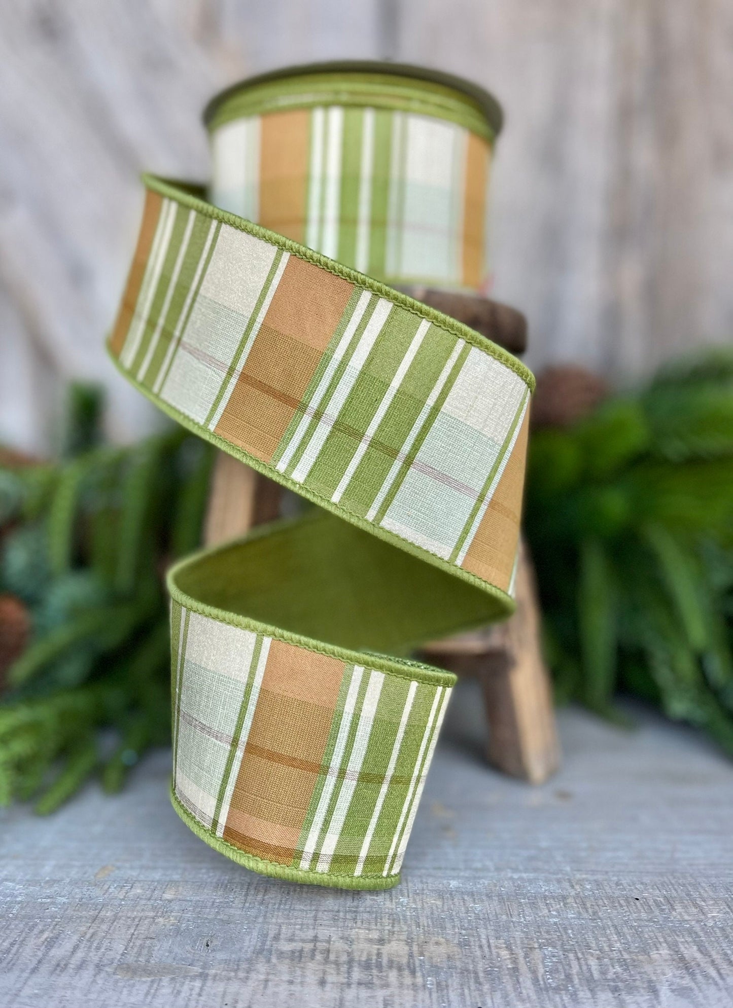 2.5" Green Moss and Brown Fall Plaid Ribbon, Woodsey Fall Ribbon, Farrisilk Ribbon