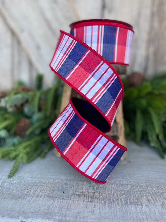 2.5" Patriotic Plaid Ribbon, Farrisilk Ribbon,Hampton Plaid, Red White Blue Plaid RIbbon