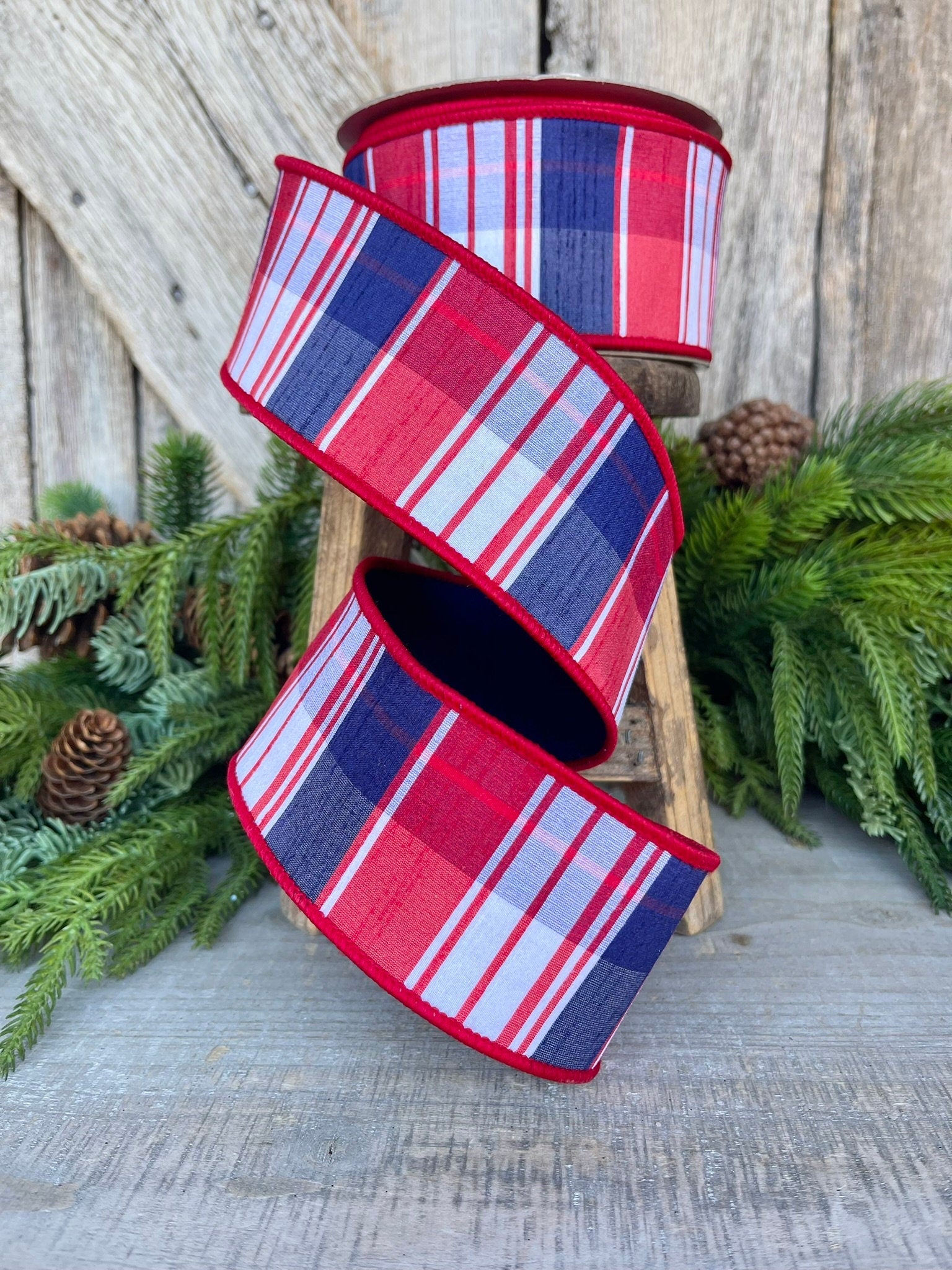 2.5" Patriotic Plaid Ribbon, Farrisilk Ribbon,Hampton Plaid, Red White Blue Plaid RIbbon