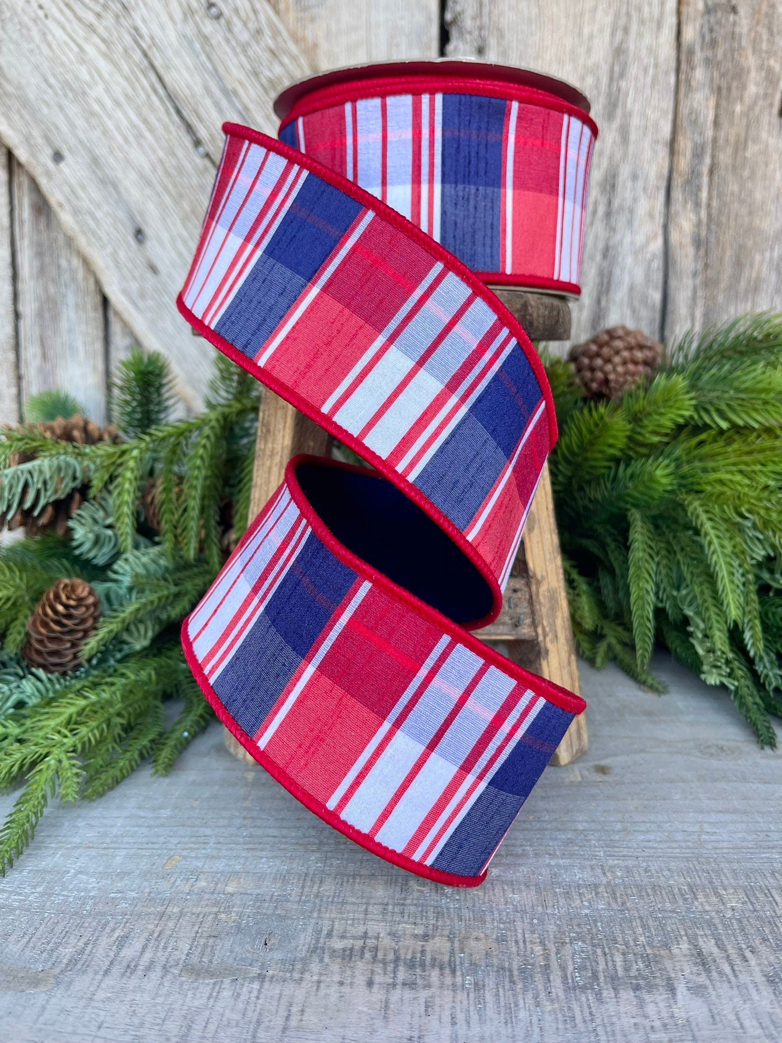 2.5" Patriotic Plaid Ribbon, Farrisilk Ribbon,Hampton Plaid, Red White Blue Plaid RIbbon