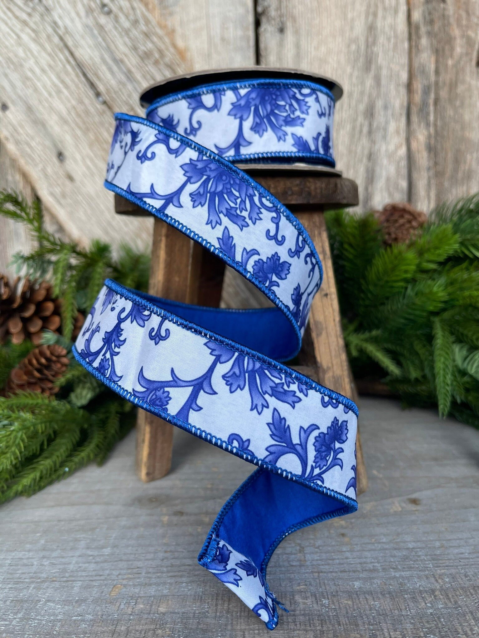 1.5" Blue Chinoiserie Ribbon, Blue and White Chinoiserie Ribbon, Wired RIbbon