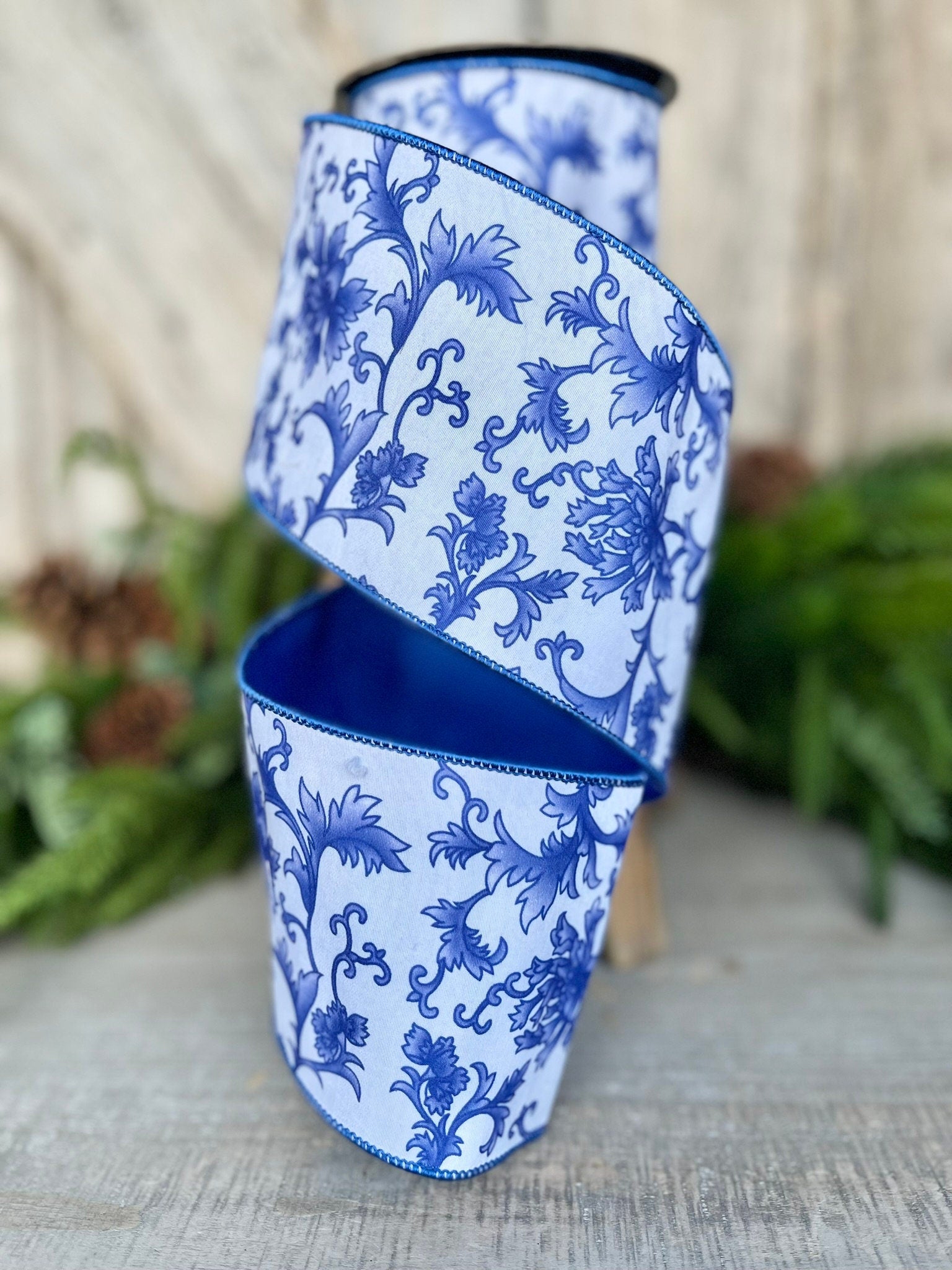 4" Blue Chinoiserie Ribbon, Blue and White Chinoiserie Ribbon, Wired RIbbon