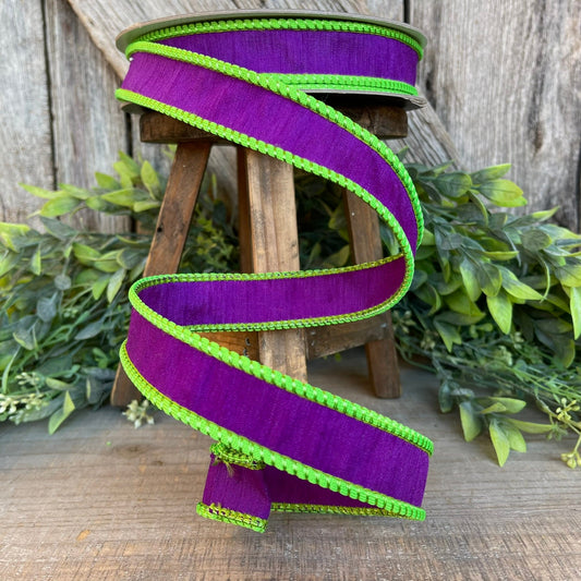 1" Purple Lime Green Corded Ribbon, Farrisilk Ribbon, Wired Ribbon