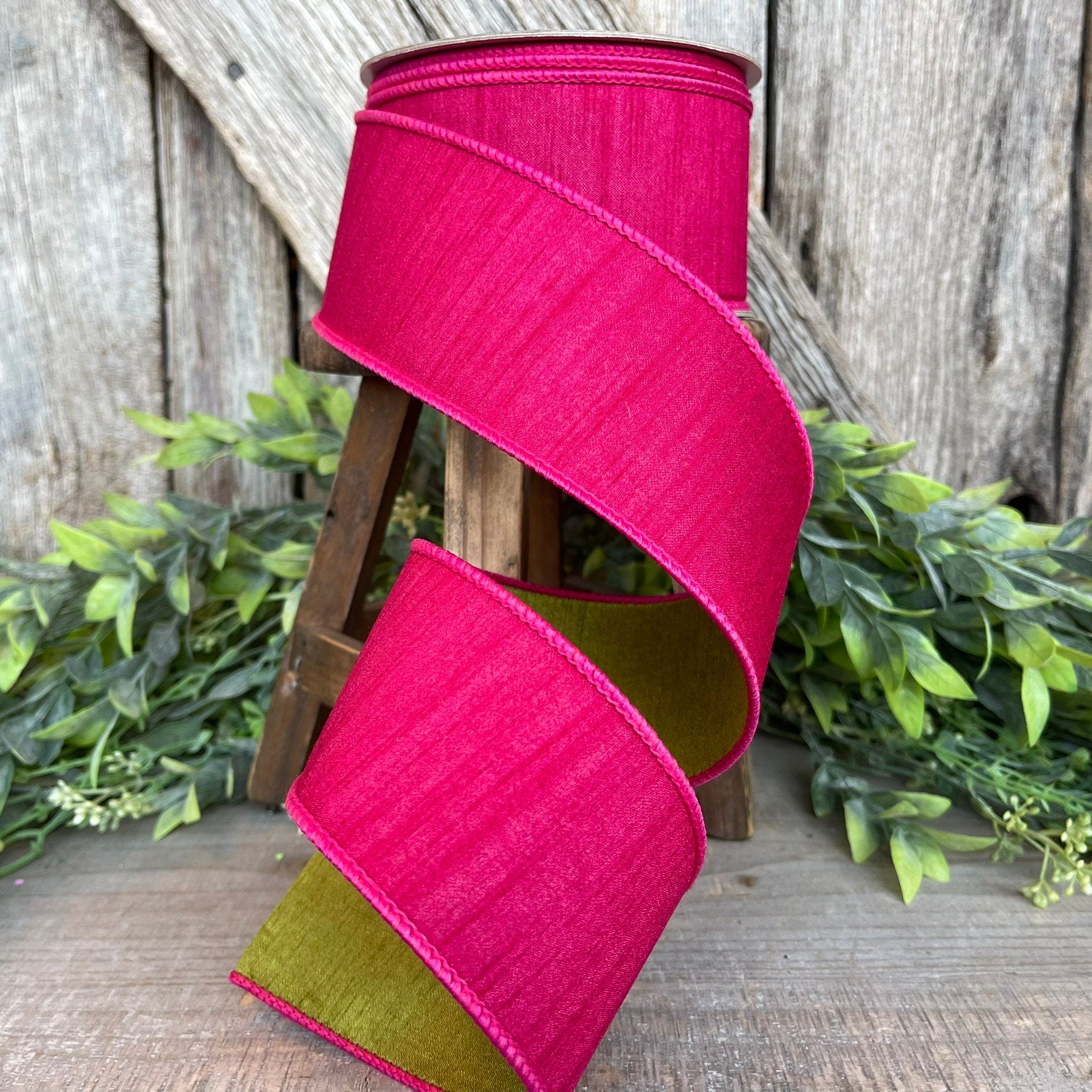 2.5" Hot Pink Spring Greenery Ribbon,Farrisilk Ribbon, Hot Pink Green Ribbon, Spring Summer Ribbon