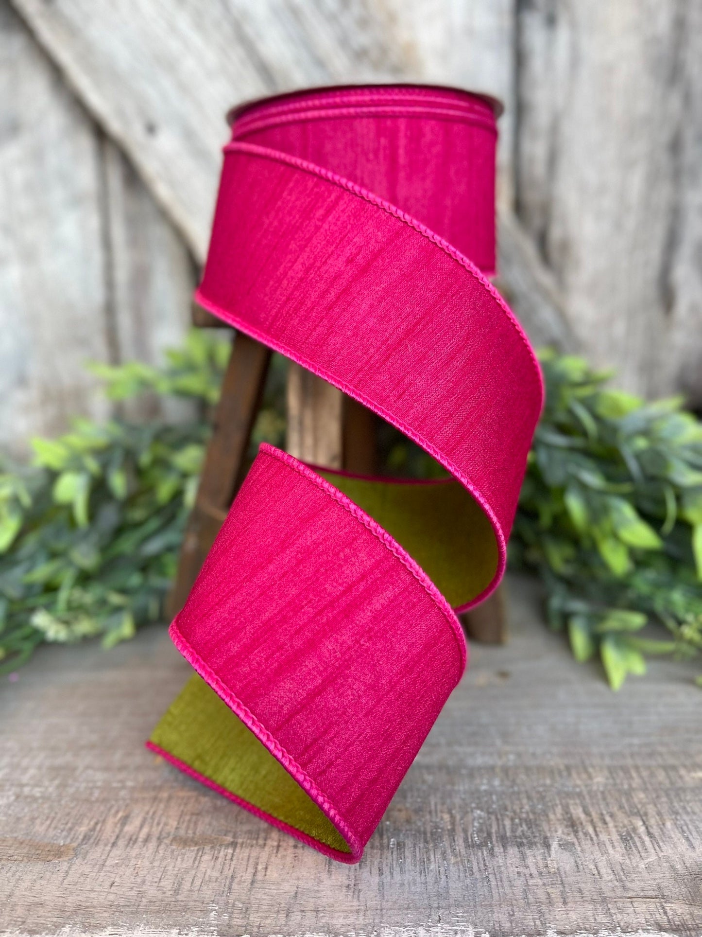 2.5" Hot Pink Spring Greenery Ribbon,Farrisilk Ribbon, Hot Pink Green Ribbon, Spring Summer Ribbon
