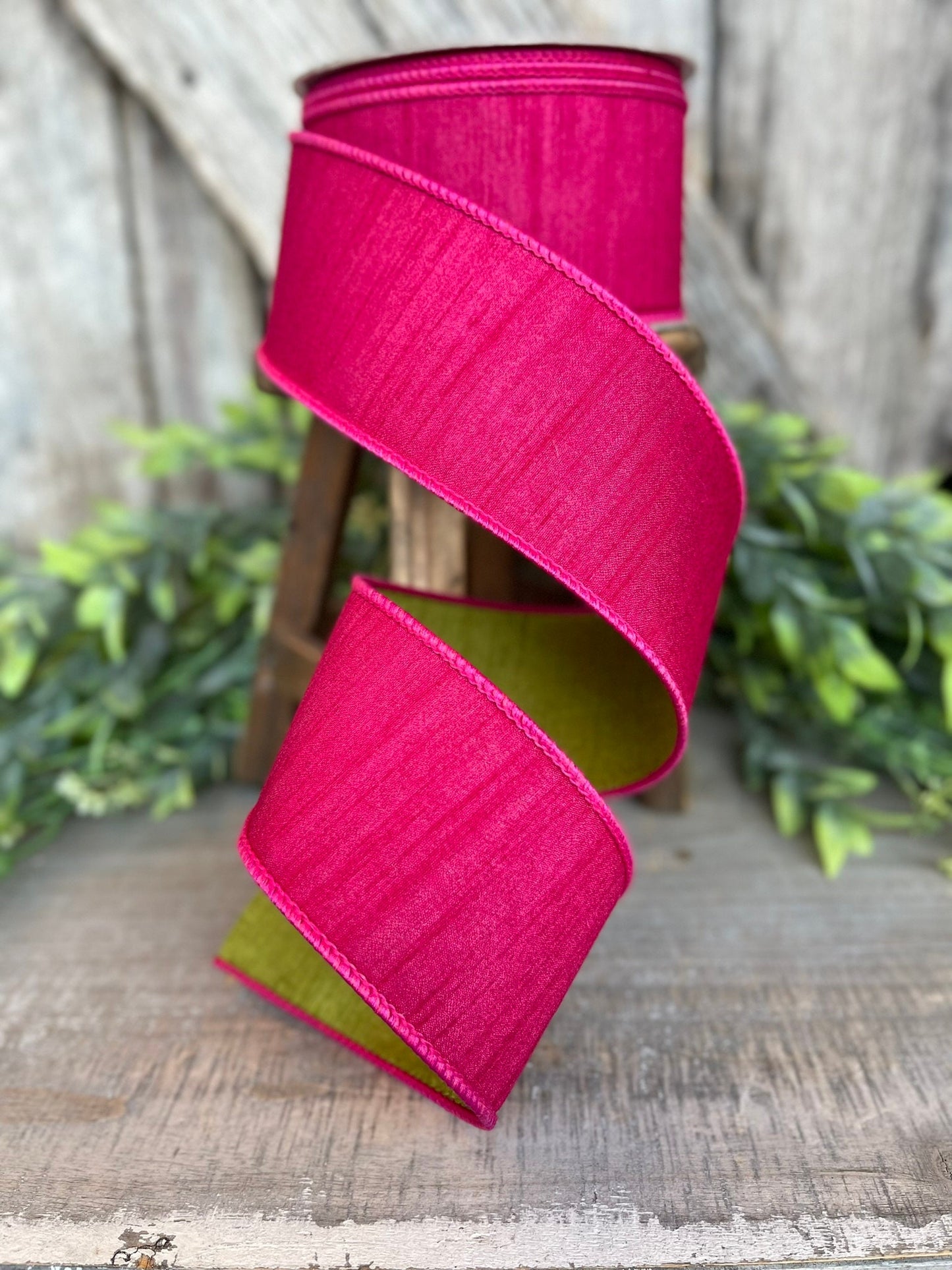 2.5" Hot Pink Spring Greenery Ribbon,Farrisilk Ribbon, Hot Pink Green Ribbon, Spring Summer Ribbon