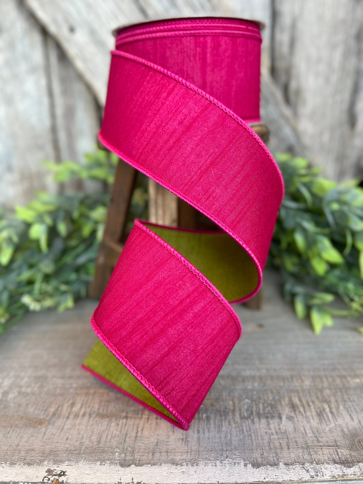 2.5" Hot Pink Spring Greenery Ribbon,Farrisilk Ribbon, Hot Pink Green Ribbon, Spring Summer Ribbon