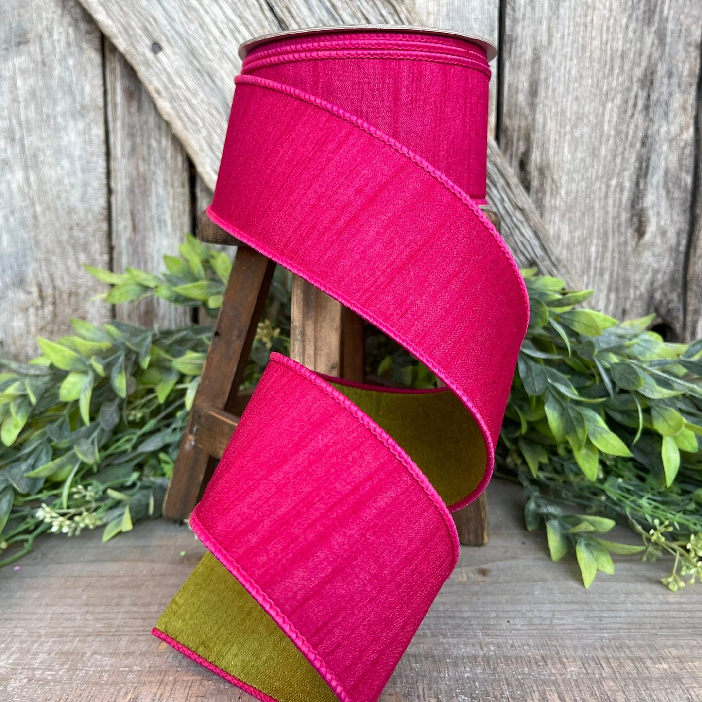 2.5" Hot Pink Spring Greenery Ribbon,Farrisilk Ribbon, Hot Pink Green Ribbon, Spring Summer Ribbon