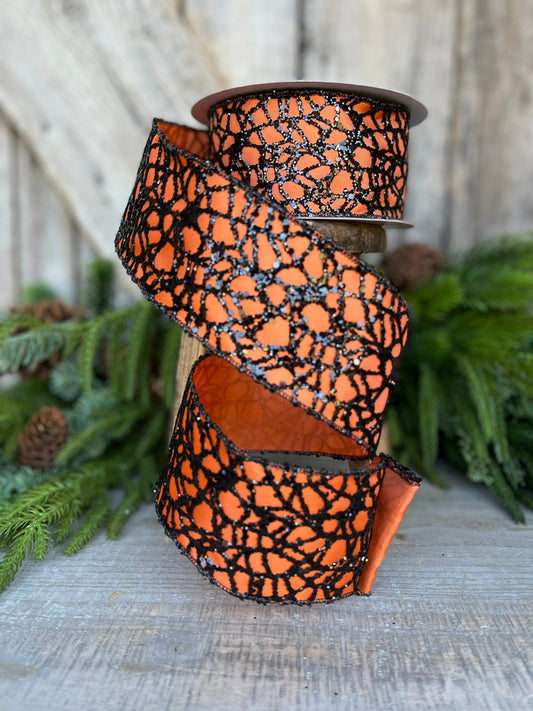 2.5" Orange Black Glitzy Web Ribbon, Farrisilk Ribbon, Halloween RIbbon