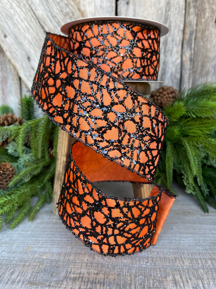 2.5" Orange Black Glitzy Web Ribbon, Farrisilk Ribbon, Halloween RIbbon