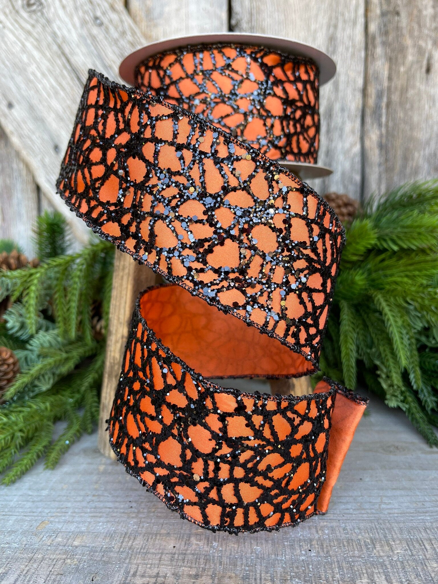 2.5" Orange Black Glitzy Web Ribbon, Farrisilk Ribbon, Halloween RIbbon