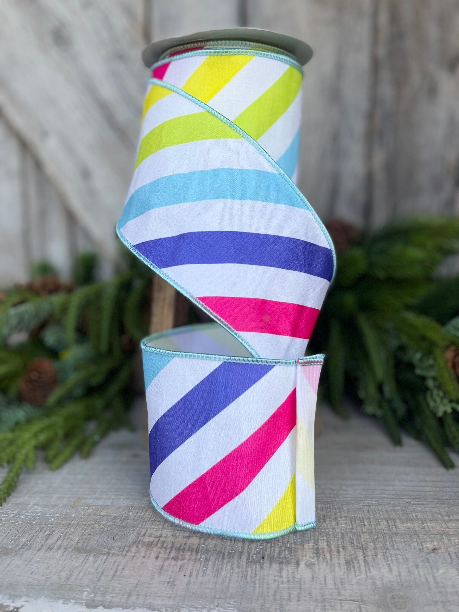 4" Rainbow Diagonal Stripe, Wired Ribbon
