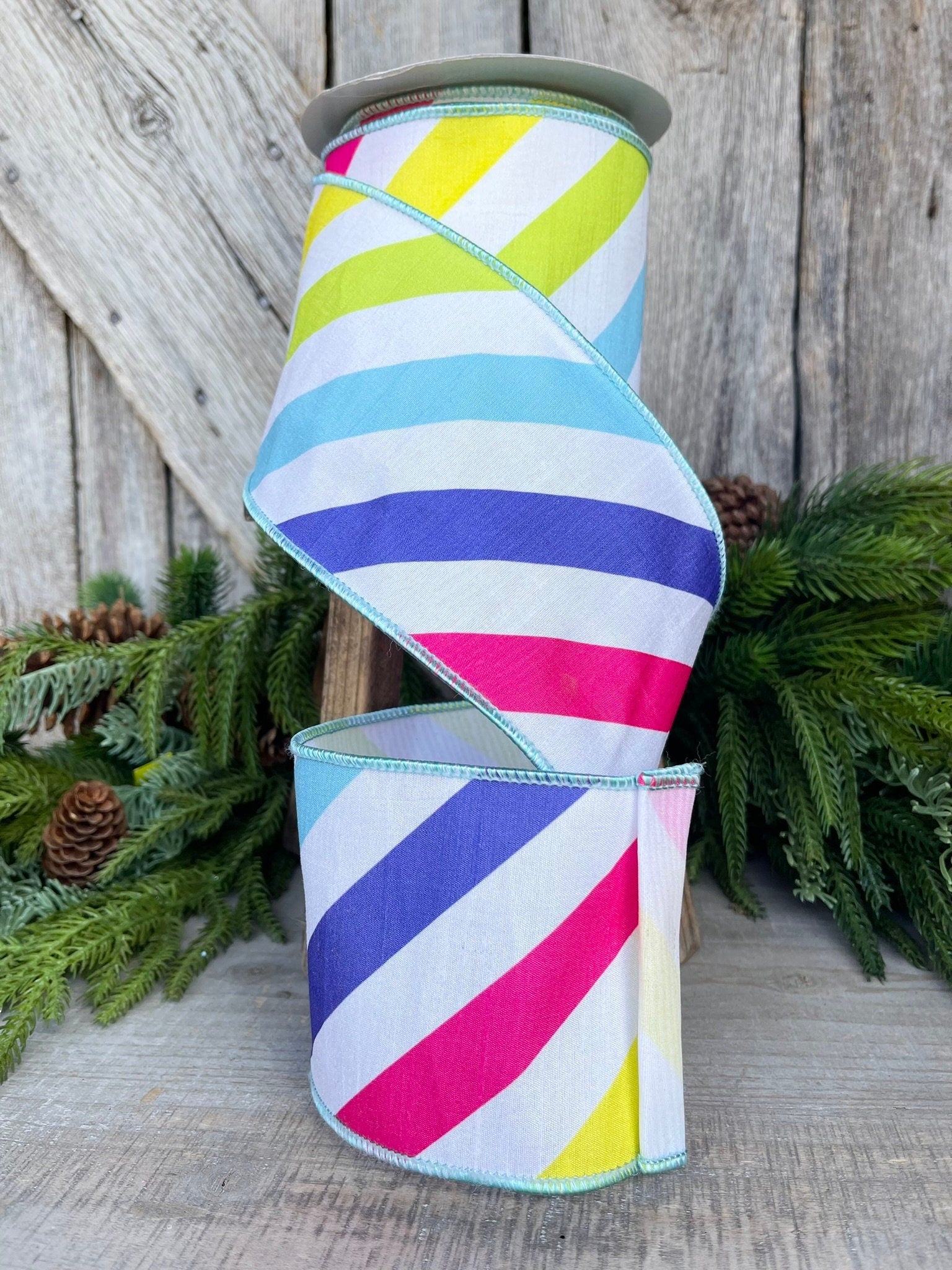 4" Rainbow Diagonal Stripe, Wired Ribbon