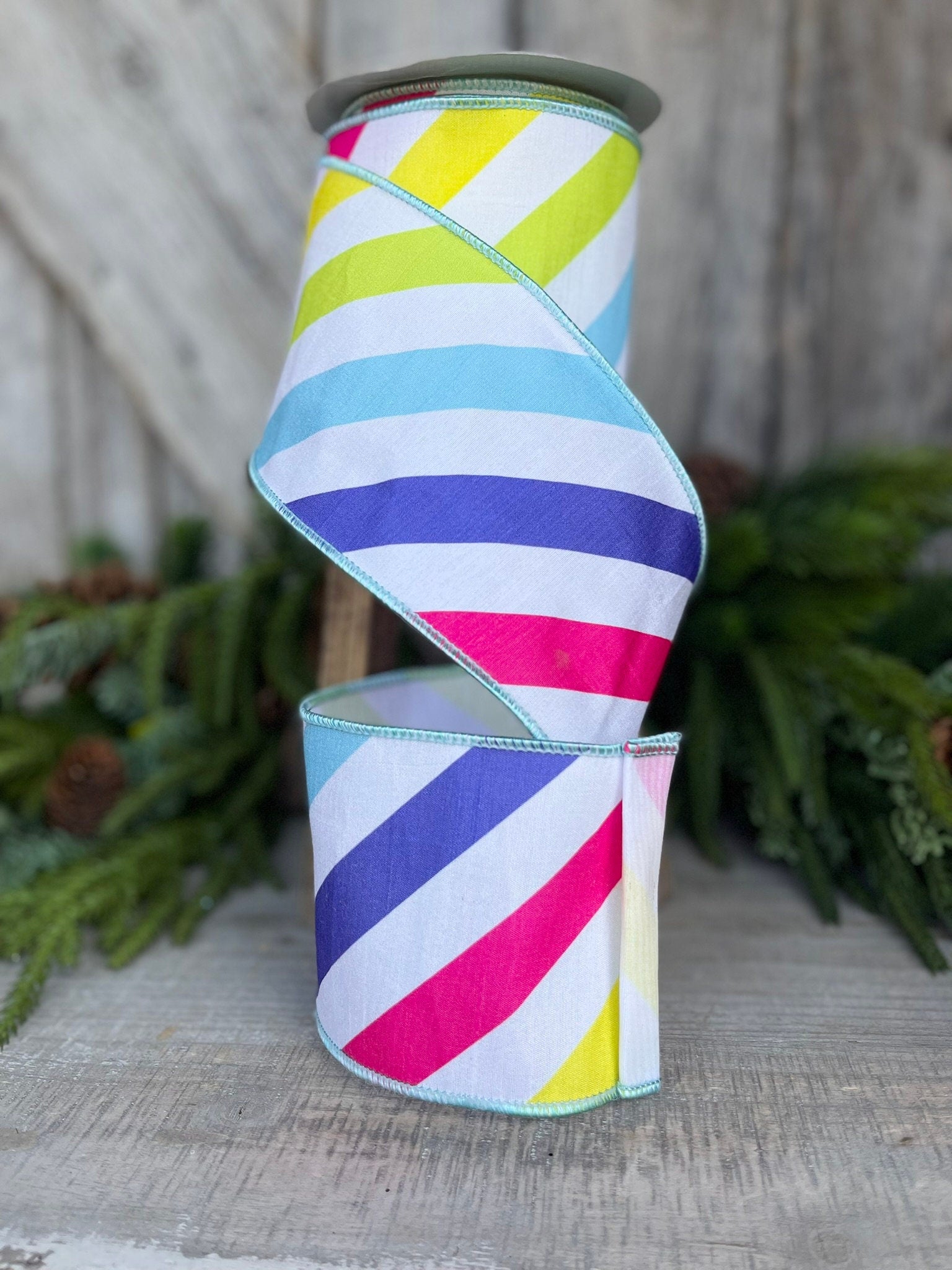 4" Rainbow Diagonal Stripe, Wired Ribbon