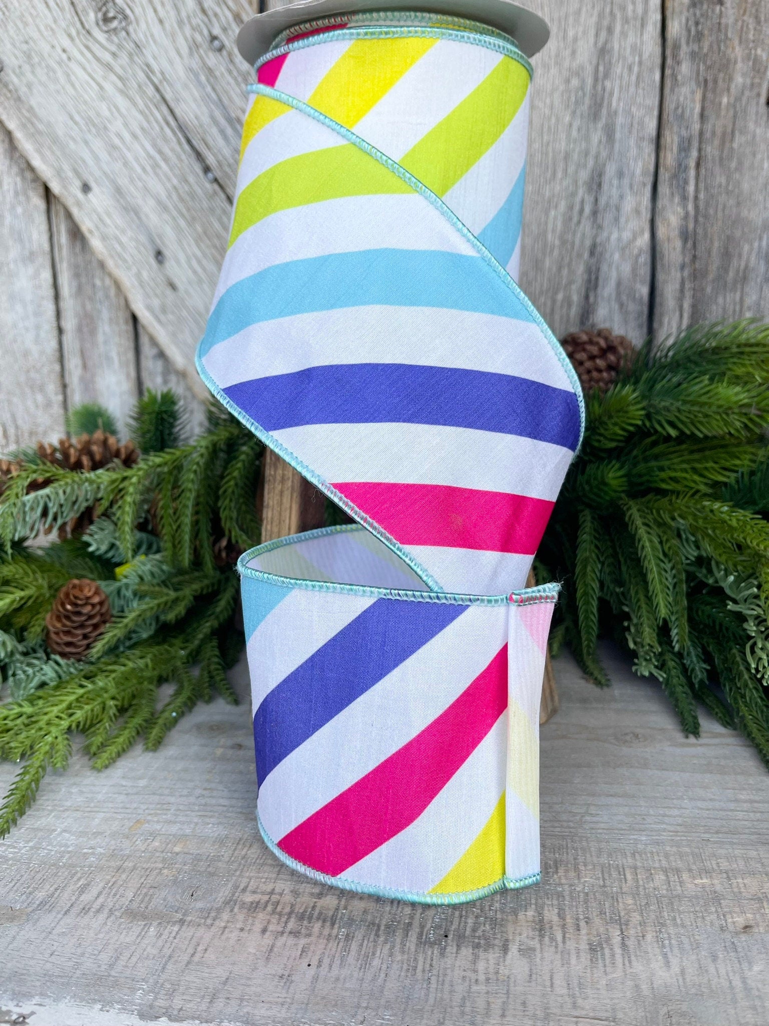 4" Rainbow Diagonal Stripe, Wired Ribbon