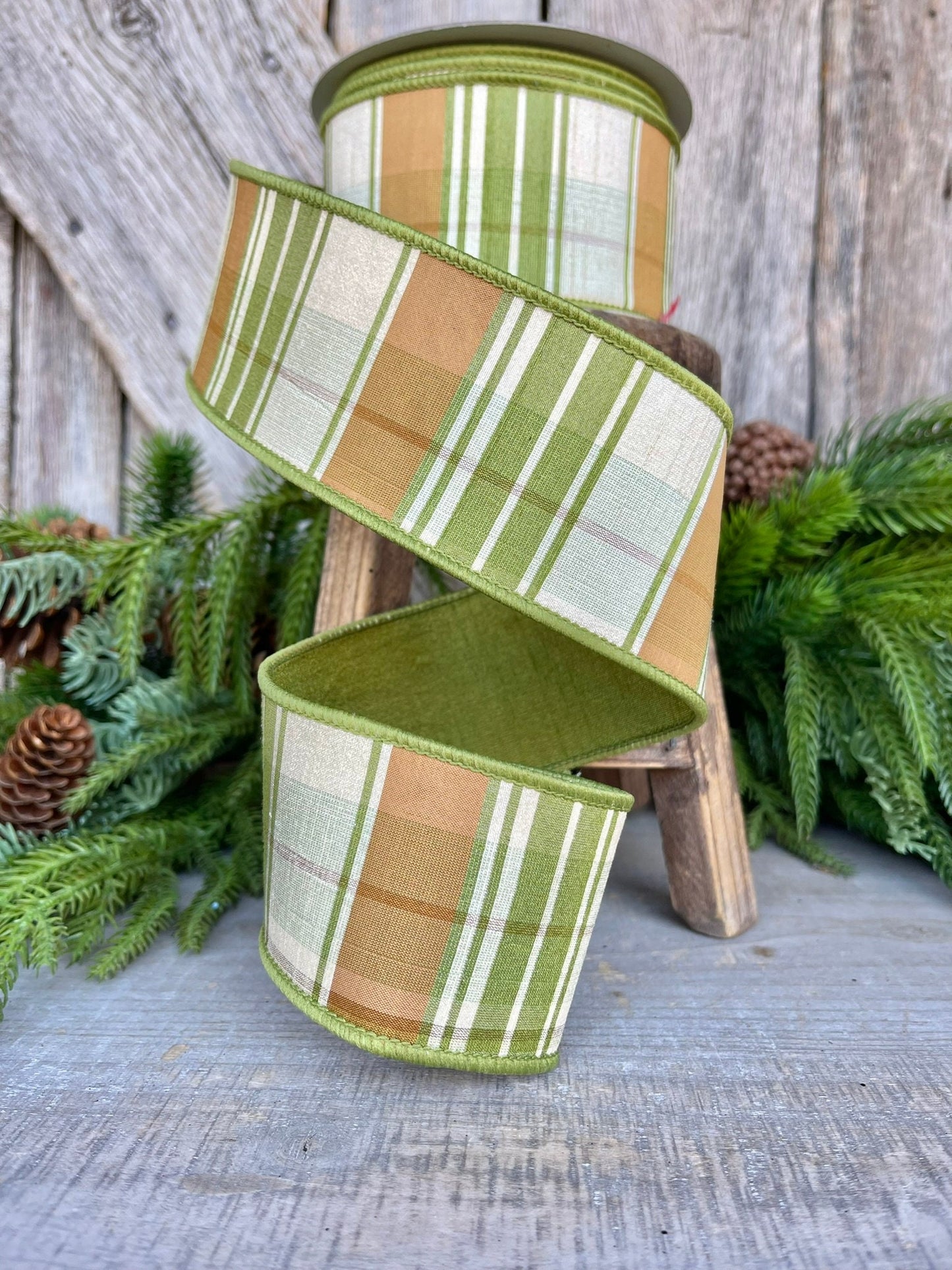 2.5" Green Moss and Brown Fall Plaid Ribbon, Woodsey Fall Ribbon, Farrisilk Ribbon