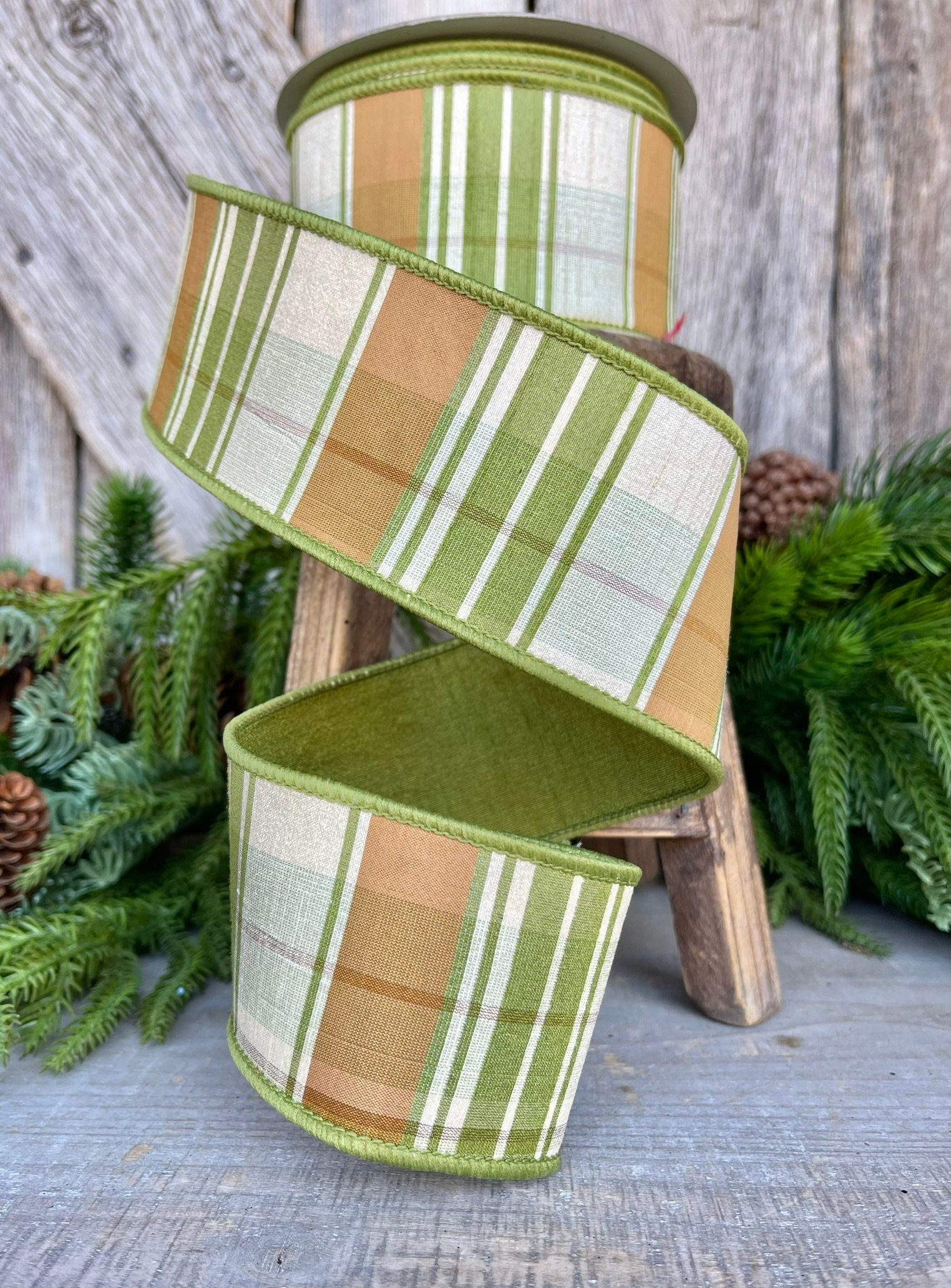 2.5" Green Moss and Brown Fall Plaid Ribbon, Woodsey Fall Ribbon, Farrisilk Ribbon