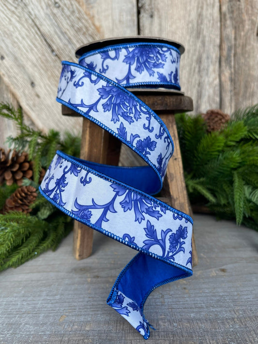 1.5" Blue Chinoiserie Ribbon, Blue and White Chinoiserie Ribbon, Wired RIbbon