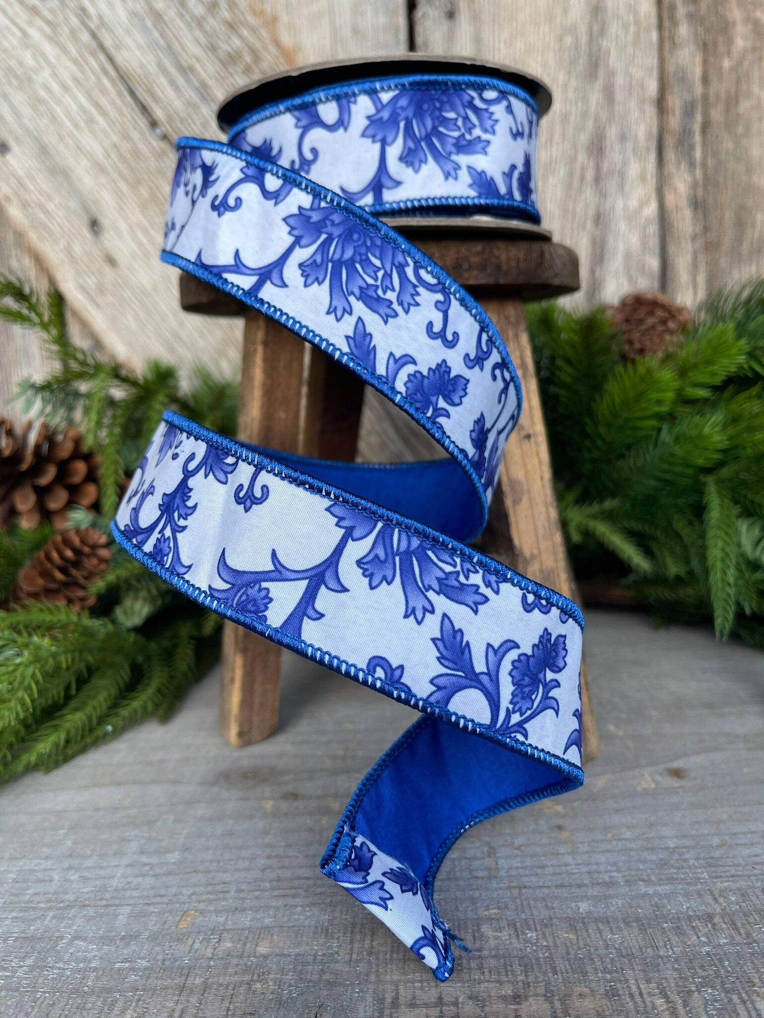 1.5" Blue Chinoiserie Ribbon, Blue and White Chinoiserie Ribbon, Wired RIbbon