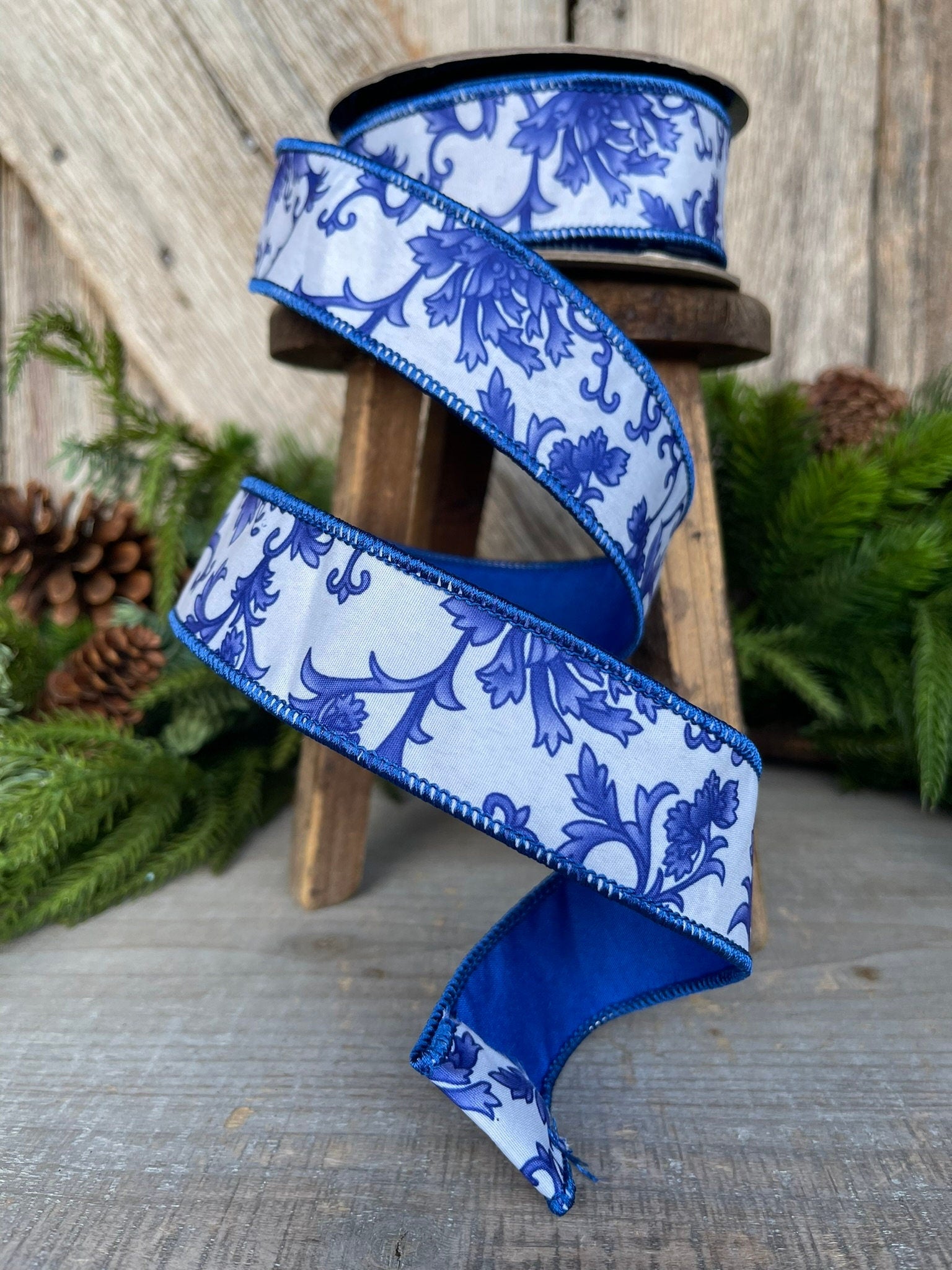 1.5" Blue Chinoiserie Ribbon, Blue and White Chinoiserie Ribbon, Wired RIbbon